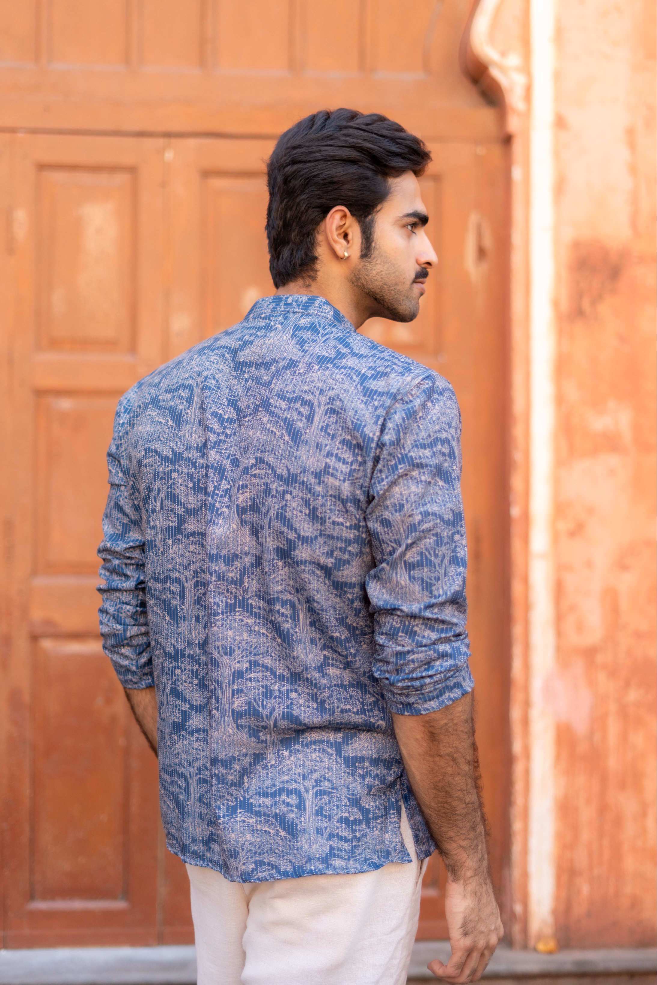 The Indigo Blue Kantha Work Short Kurta with Floral Print