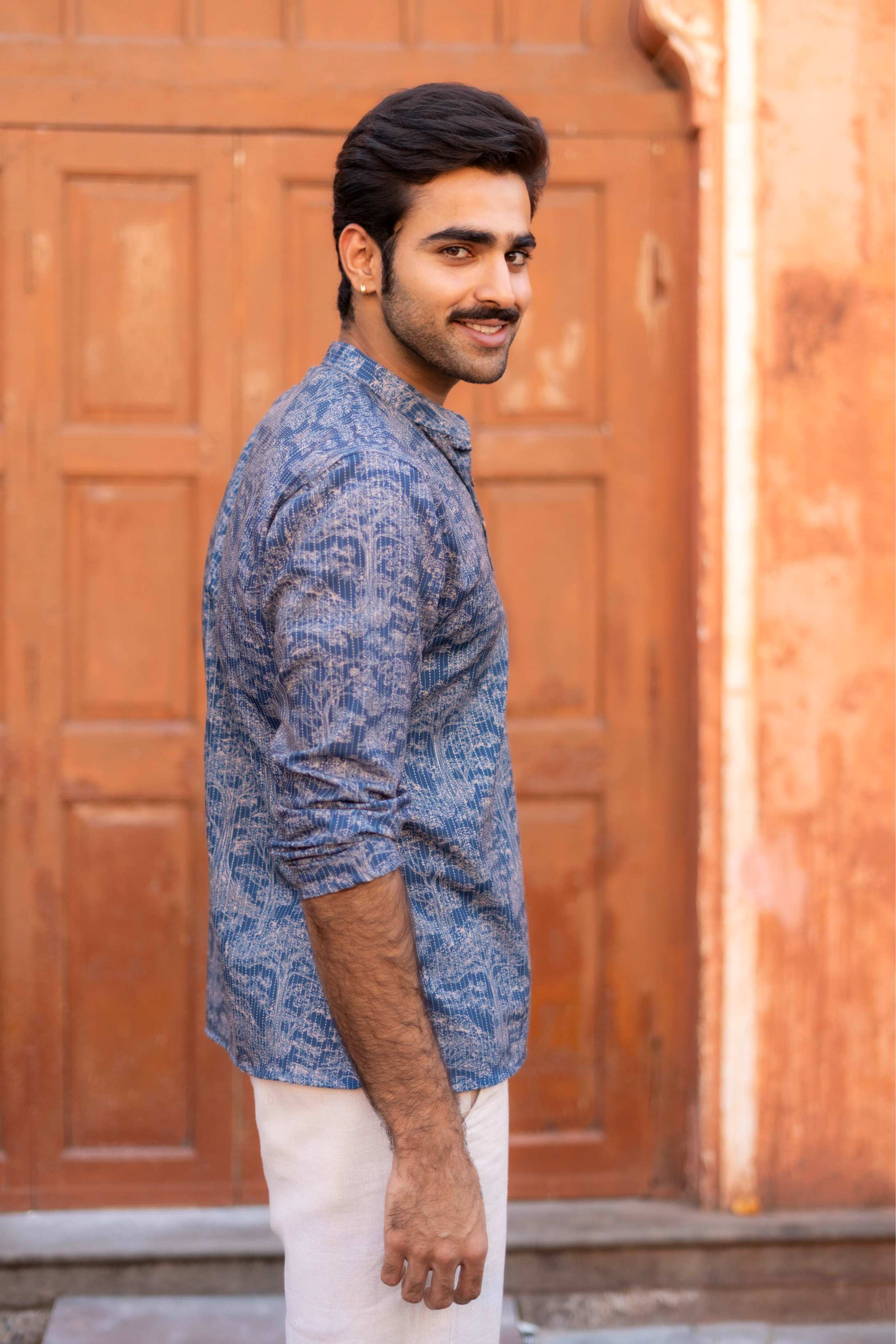 The Indigo Blue Kantha Work Short Kurta with Floral Print