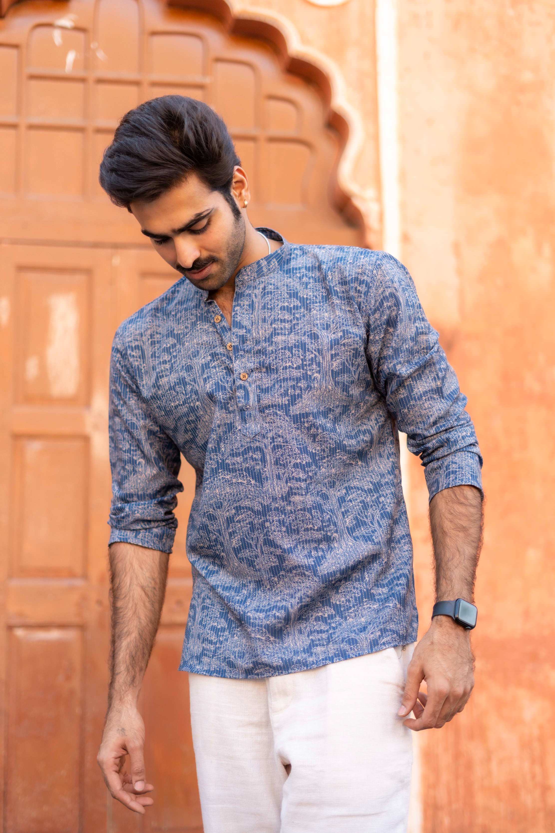 The Indigo Blue Kantha Work Short Kurta with Floral Print