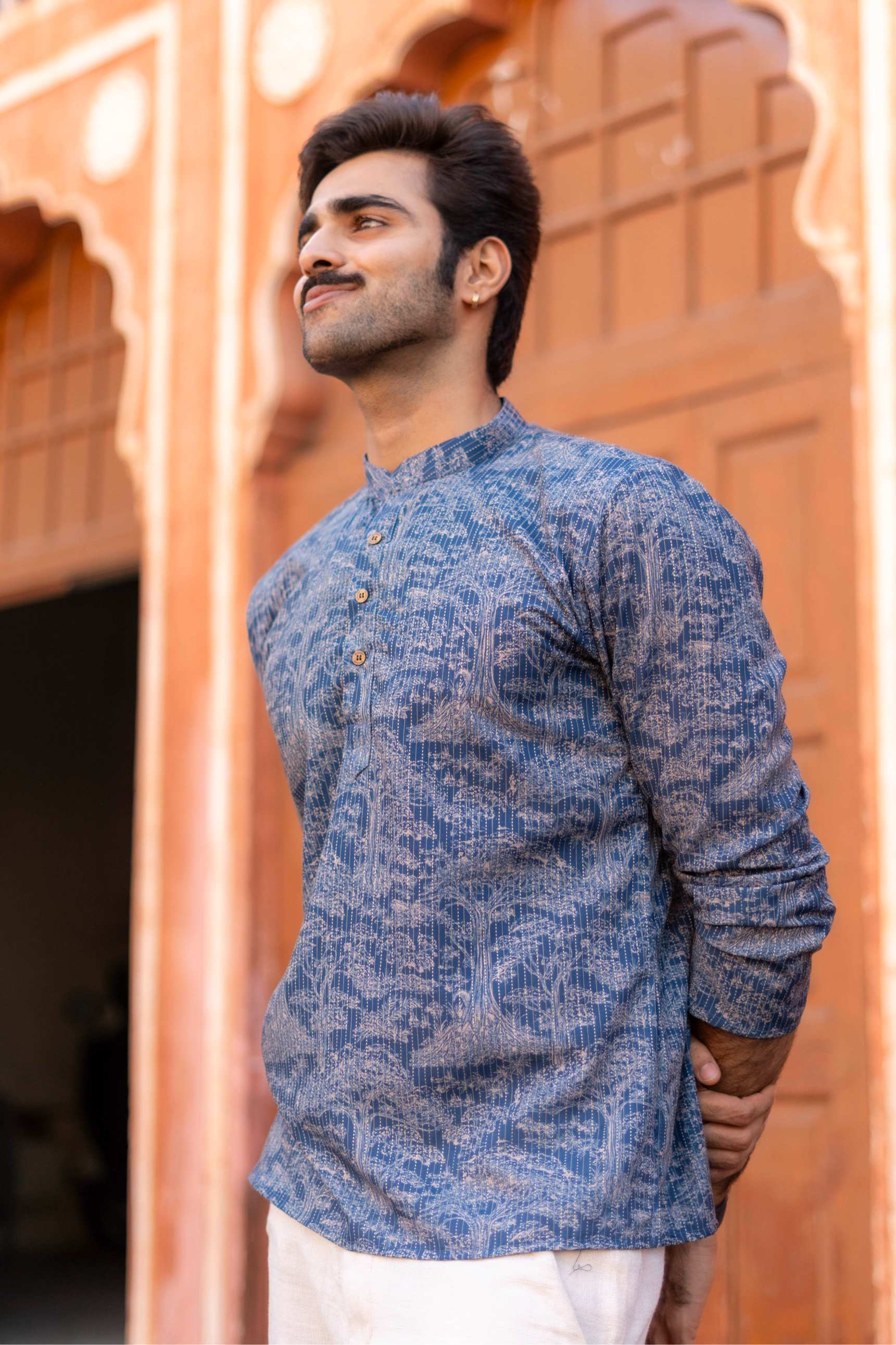 The Indigo Blue Kantha Work Short Kurta with Floral Print