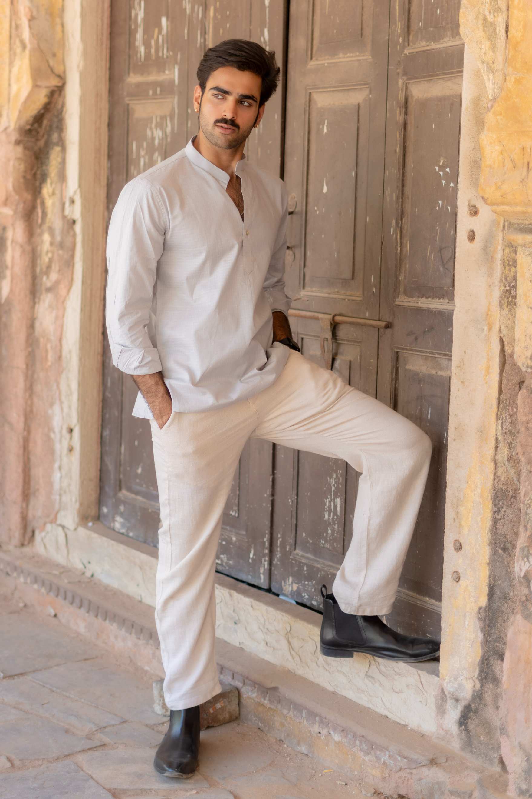 The Ash Grey Checkered Short Kurta