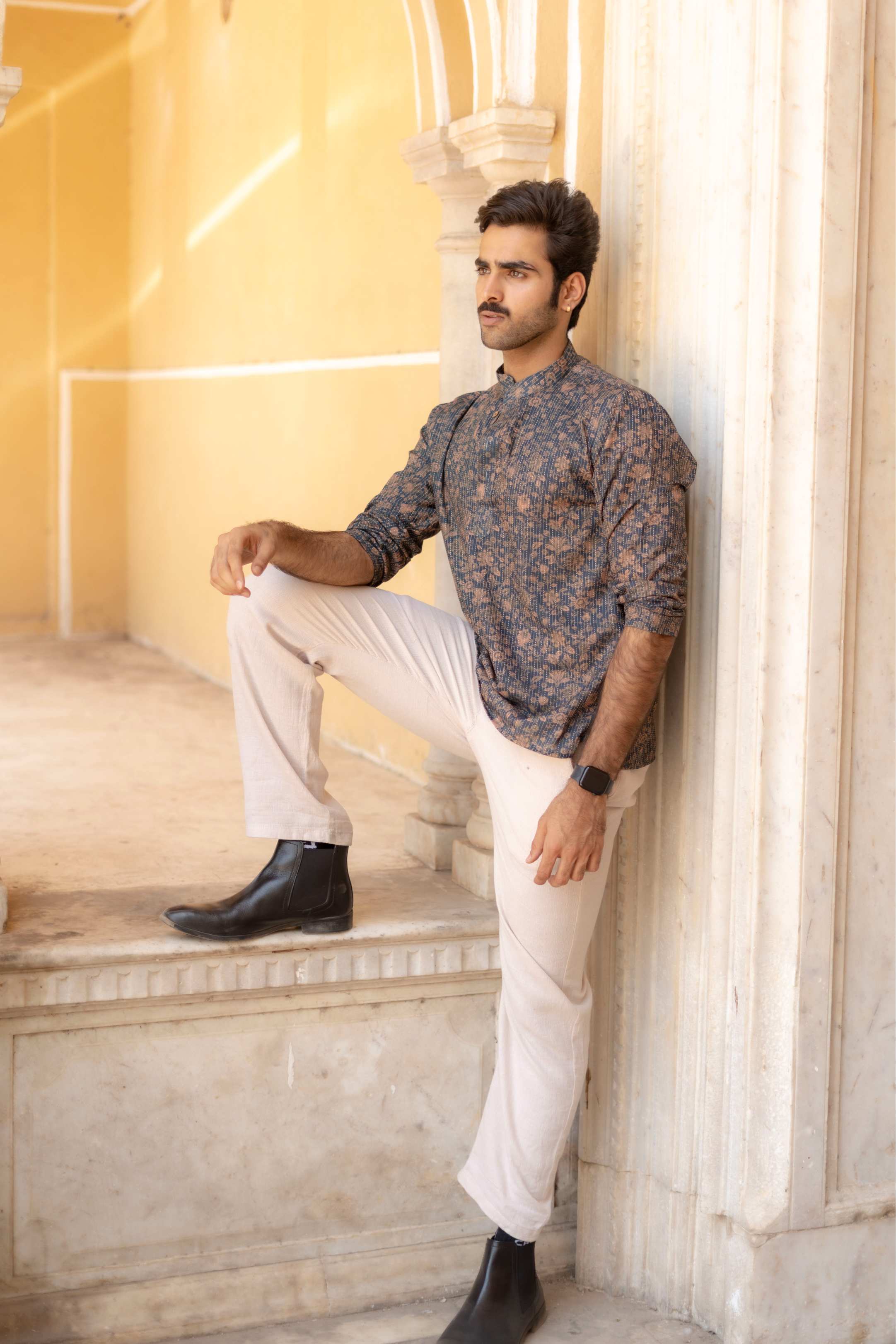The Deep Navy Kantha Work Short Kurta with Floral Print