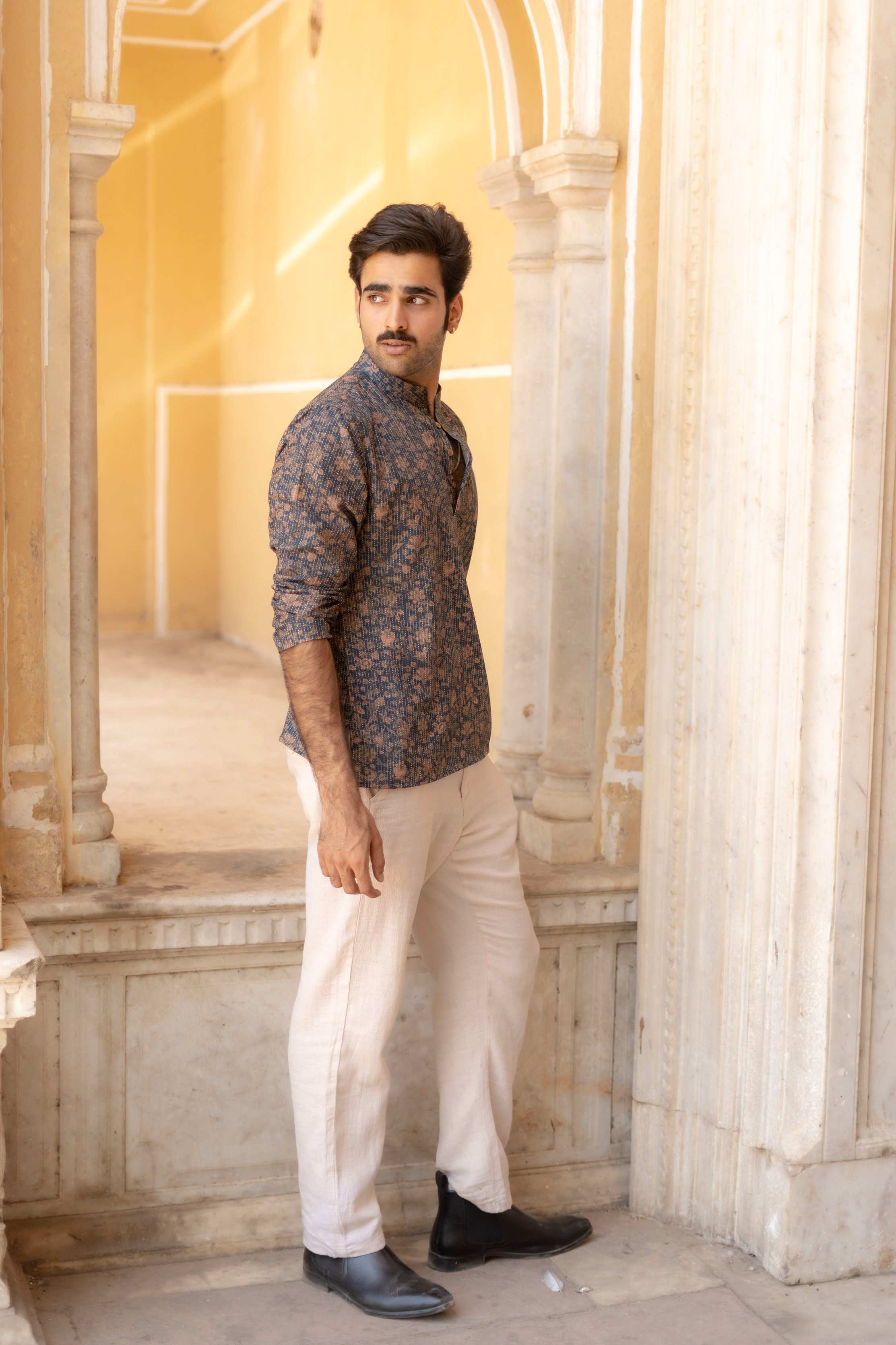 The Deep Navy Kantha Work Short Kurta with Floral Print