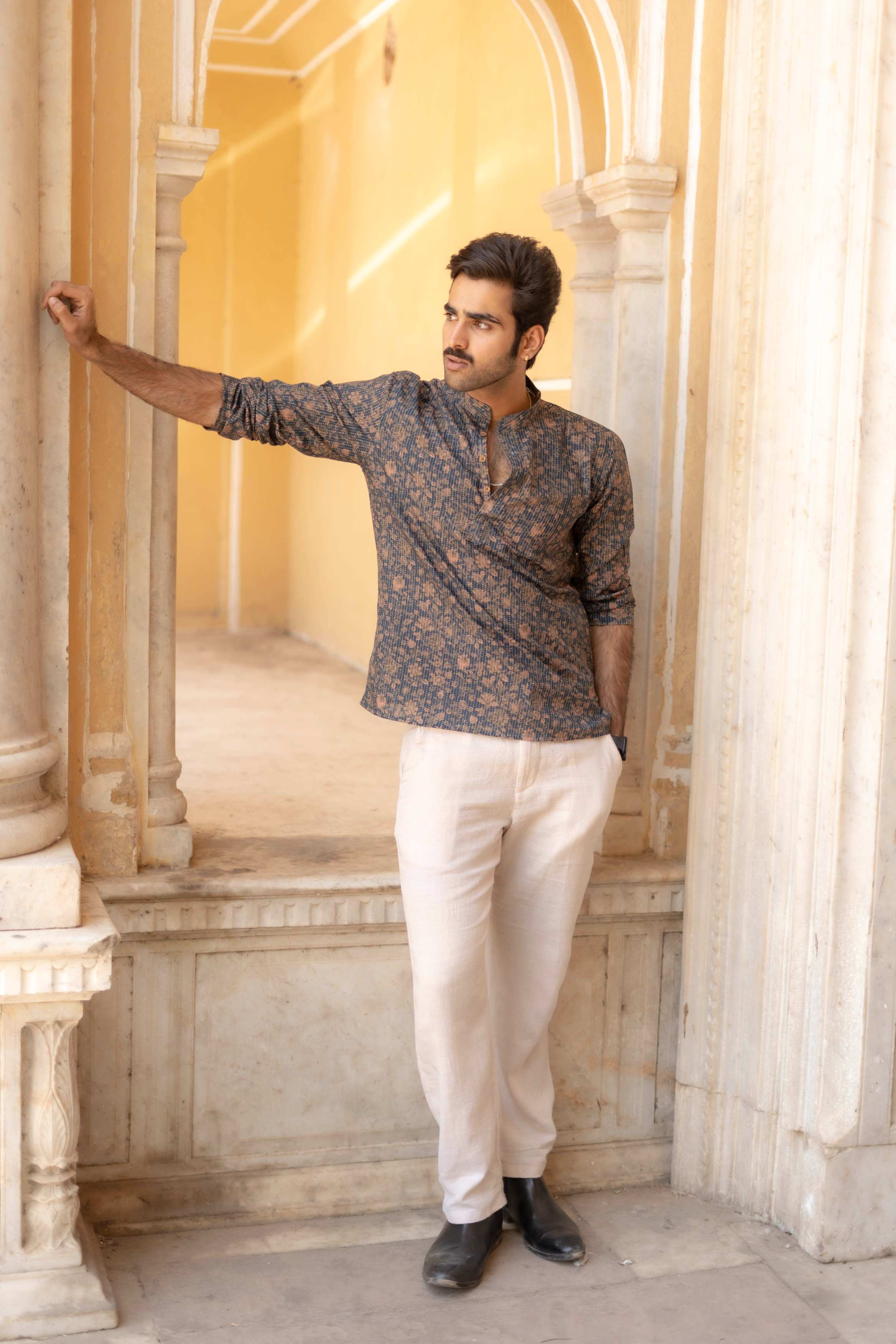 The Deep Navy Kantha Work Short Kurta with Floral Print
