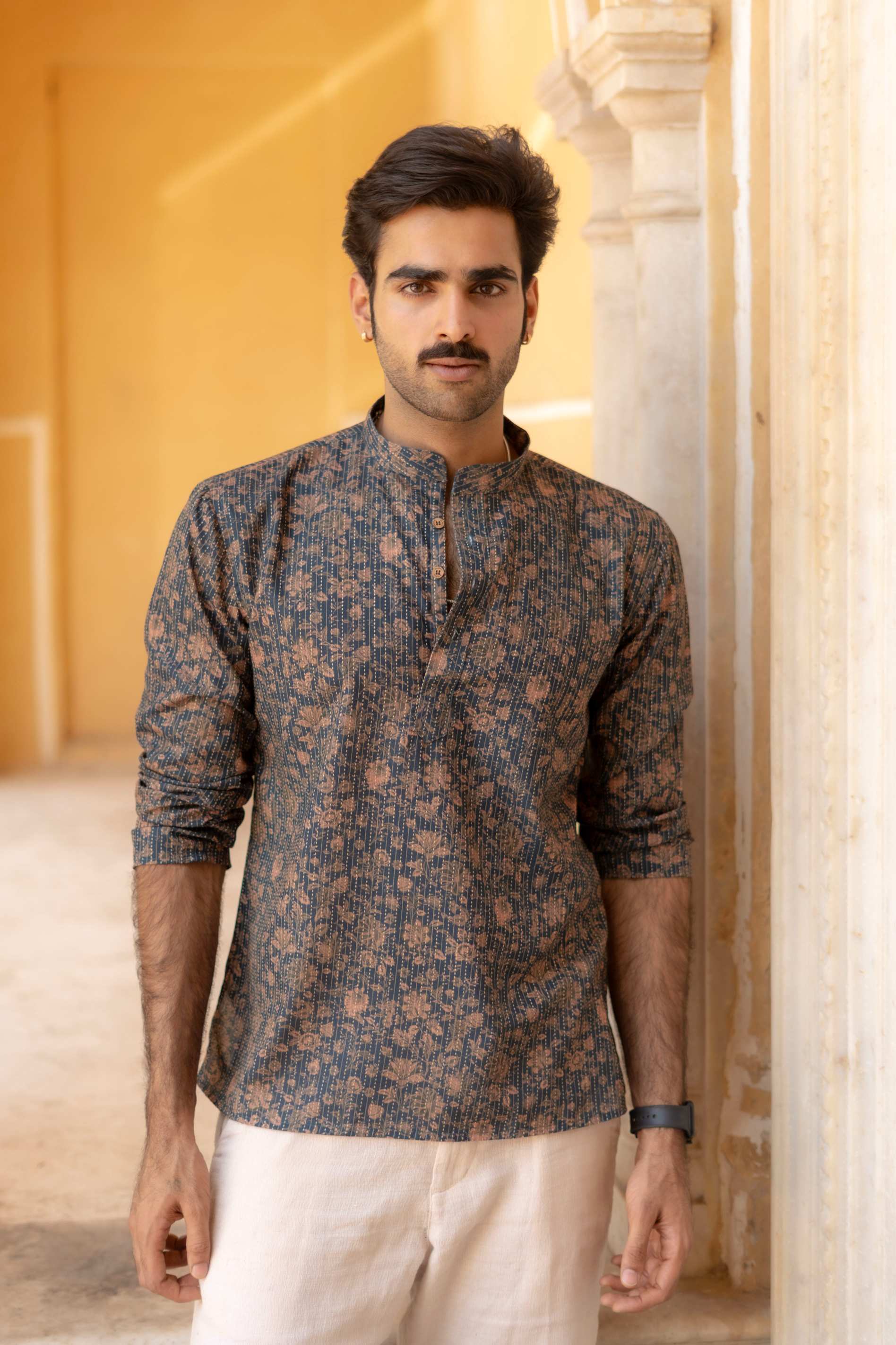 The Deep Navy Kantha Work Short Kurta with Floral Print