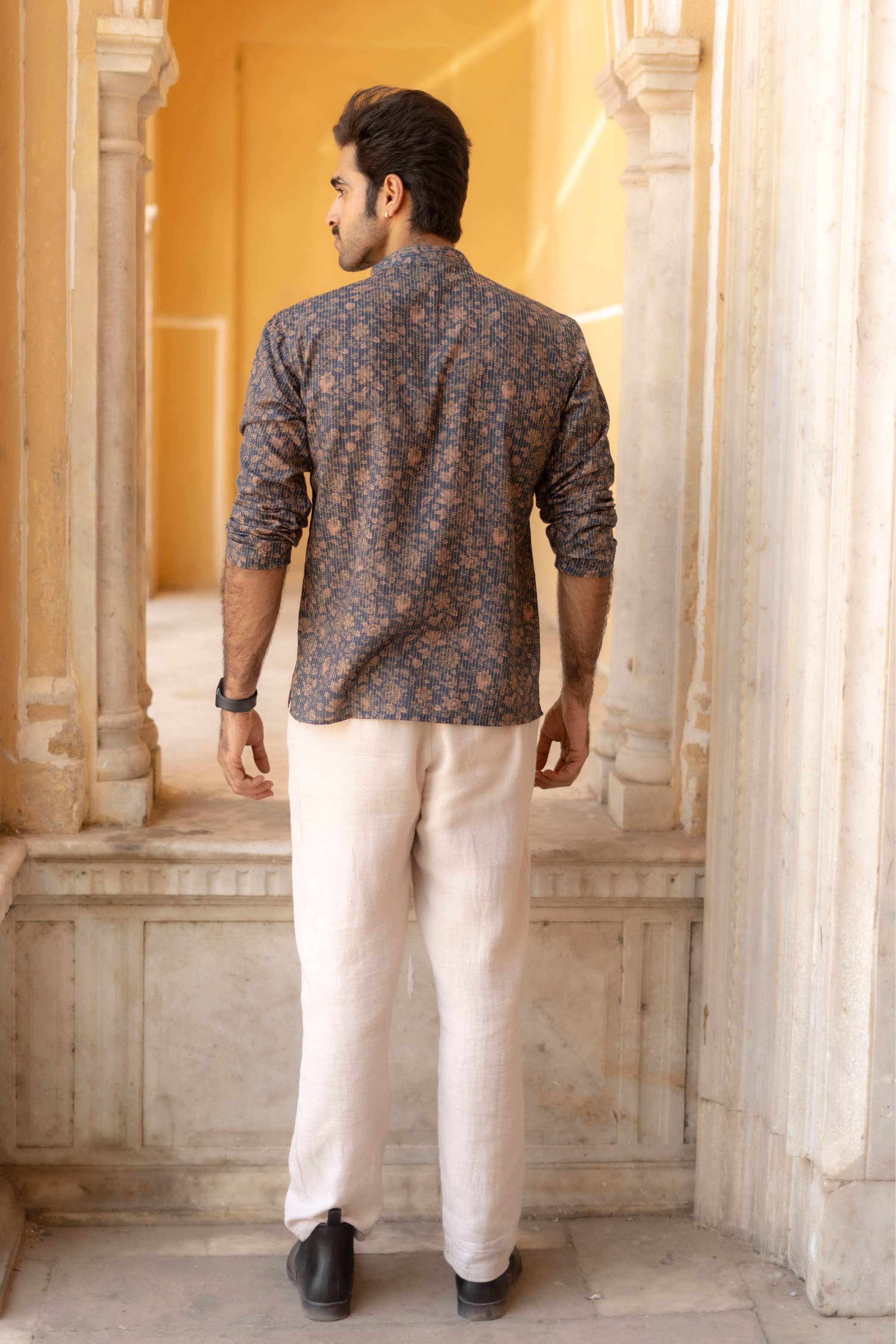 The Deep Navy Kantha Work Short Kurta with Floral Print