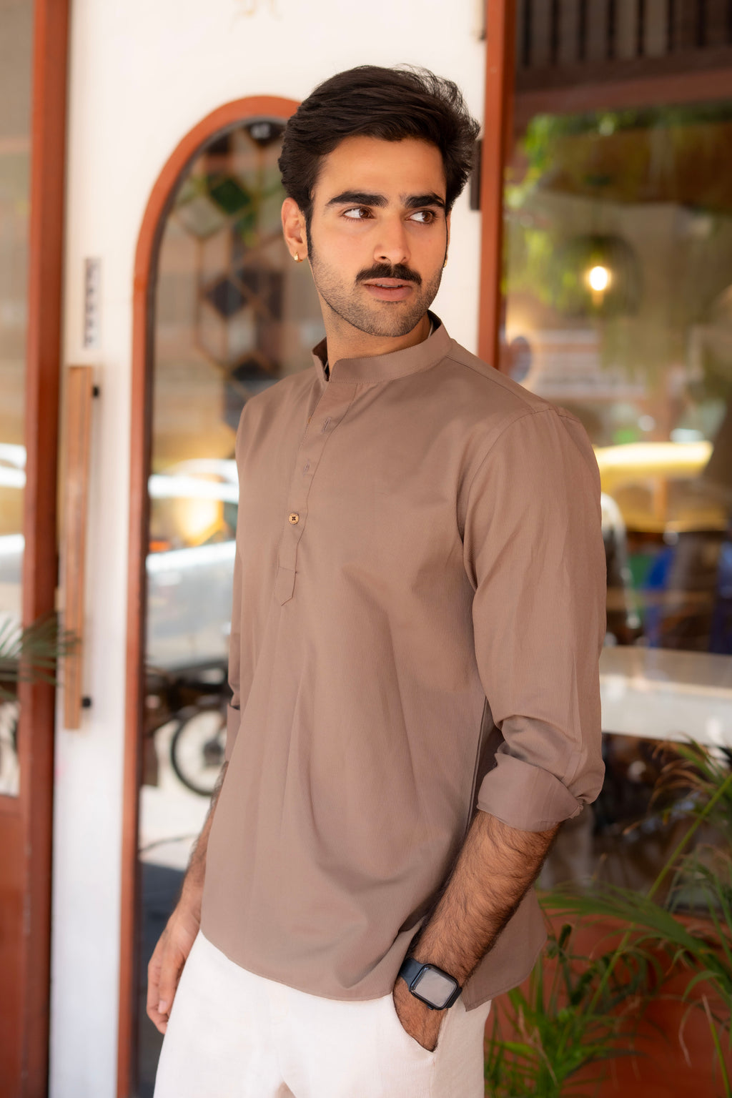 The Cocoa Brown Striped Stretchable Short Kurta