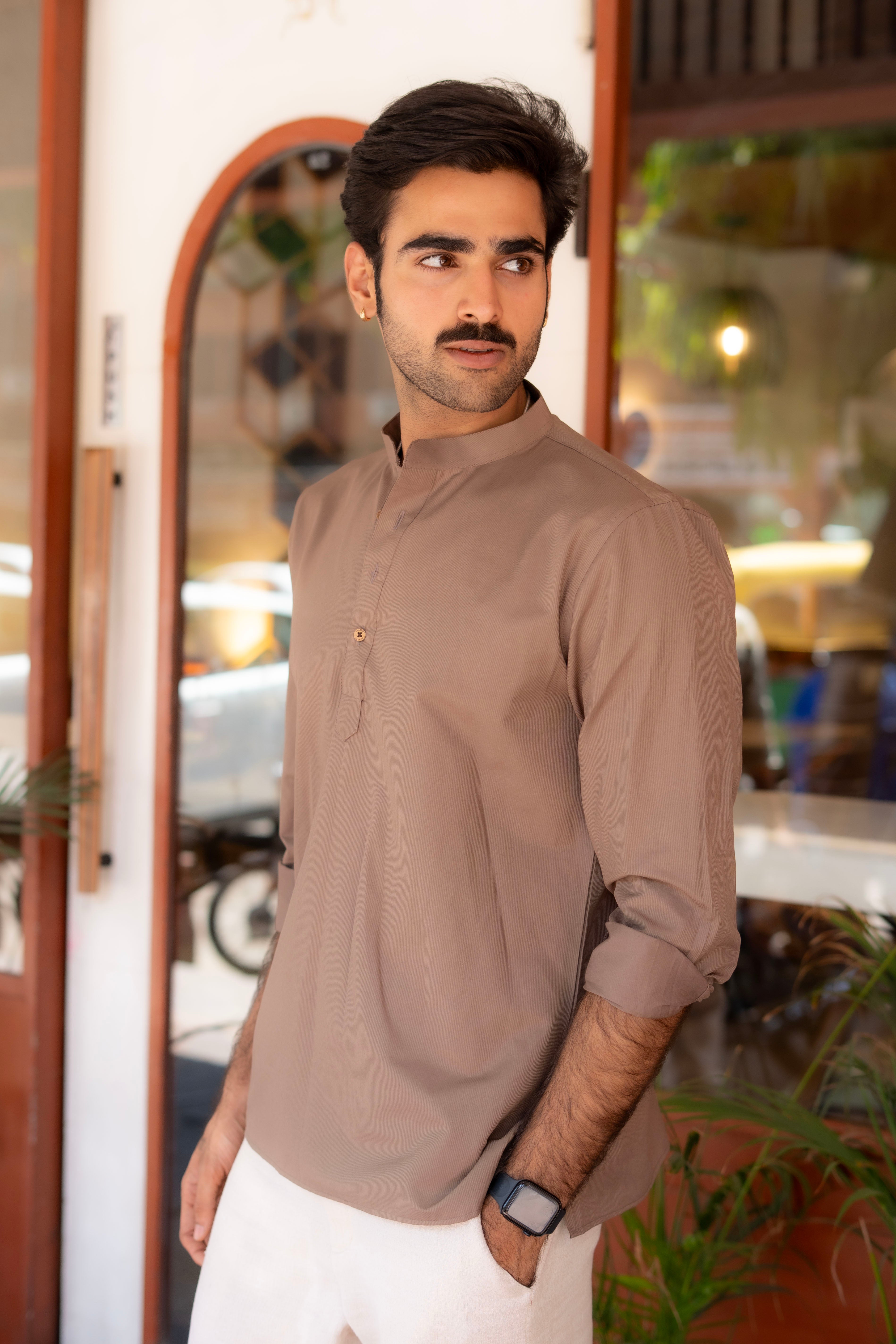 The Cocoa Brown Striped Stretchable Short Kurta