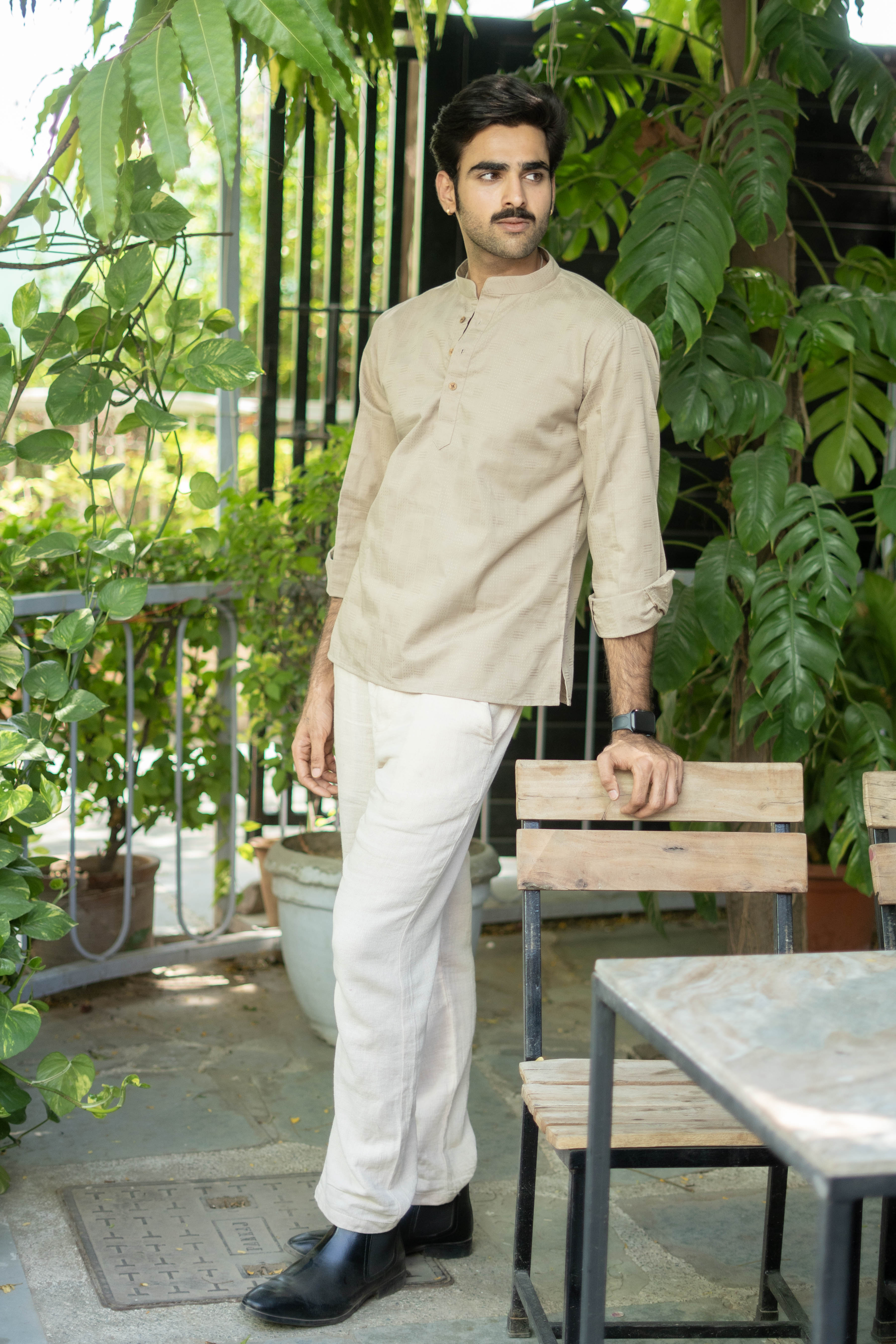 The Earth Sand Short Kurta with Self Work