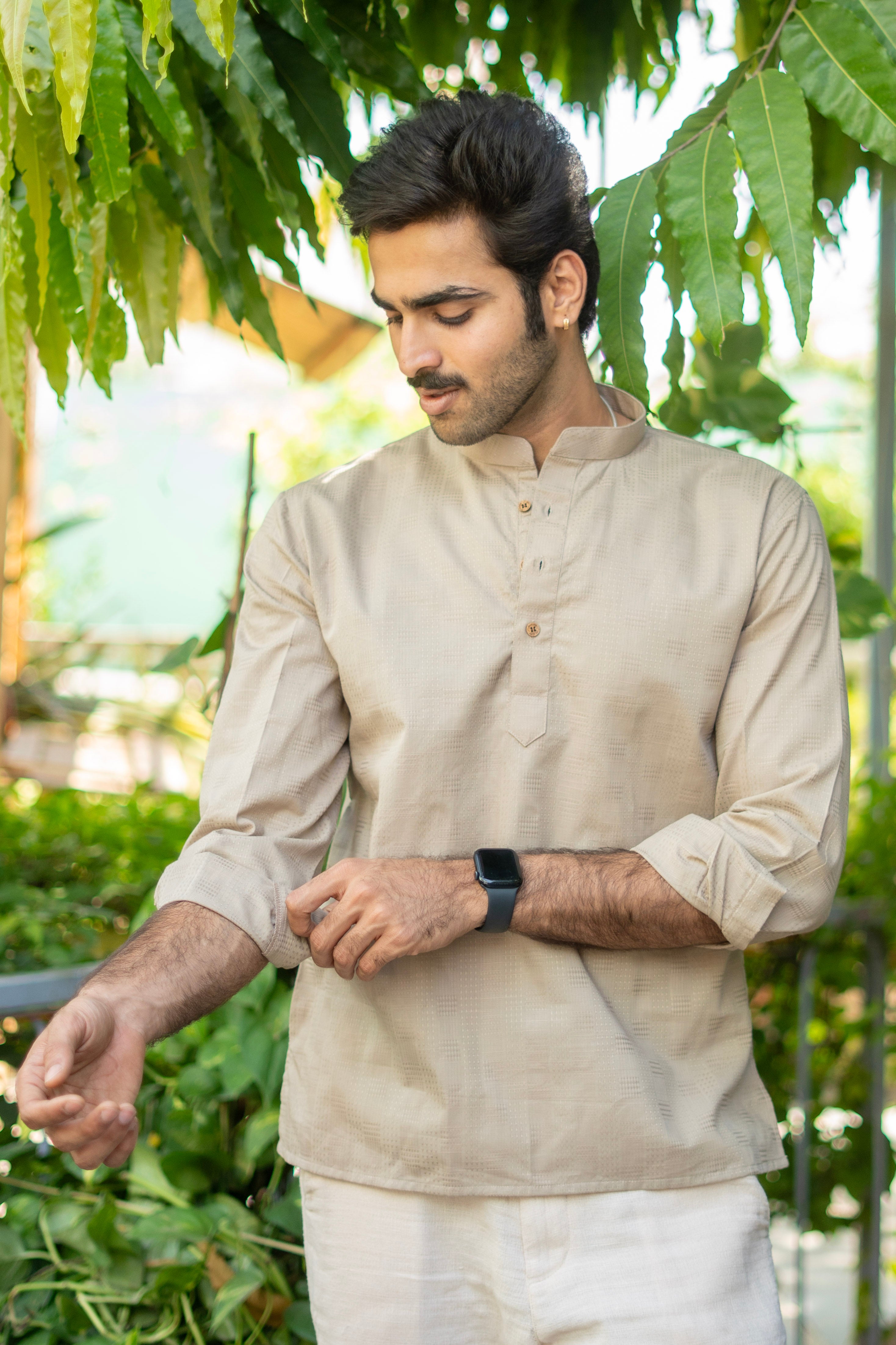 The Earth Sand Short Kurta with Self Work