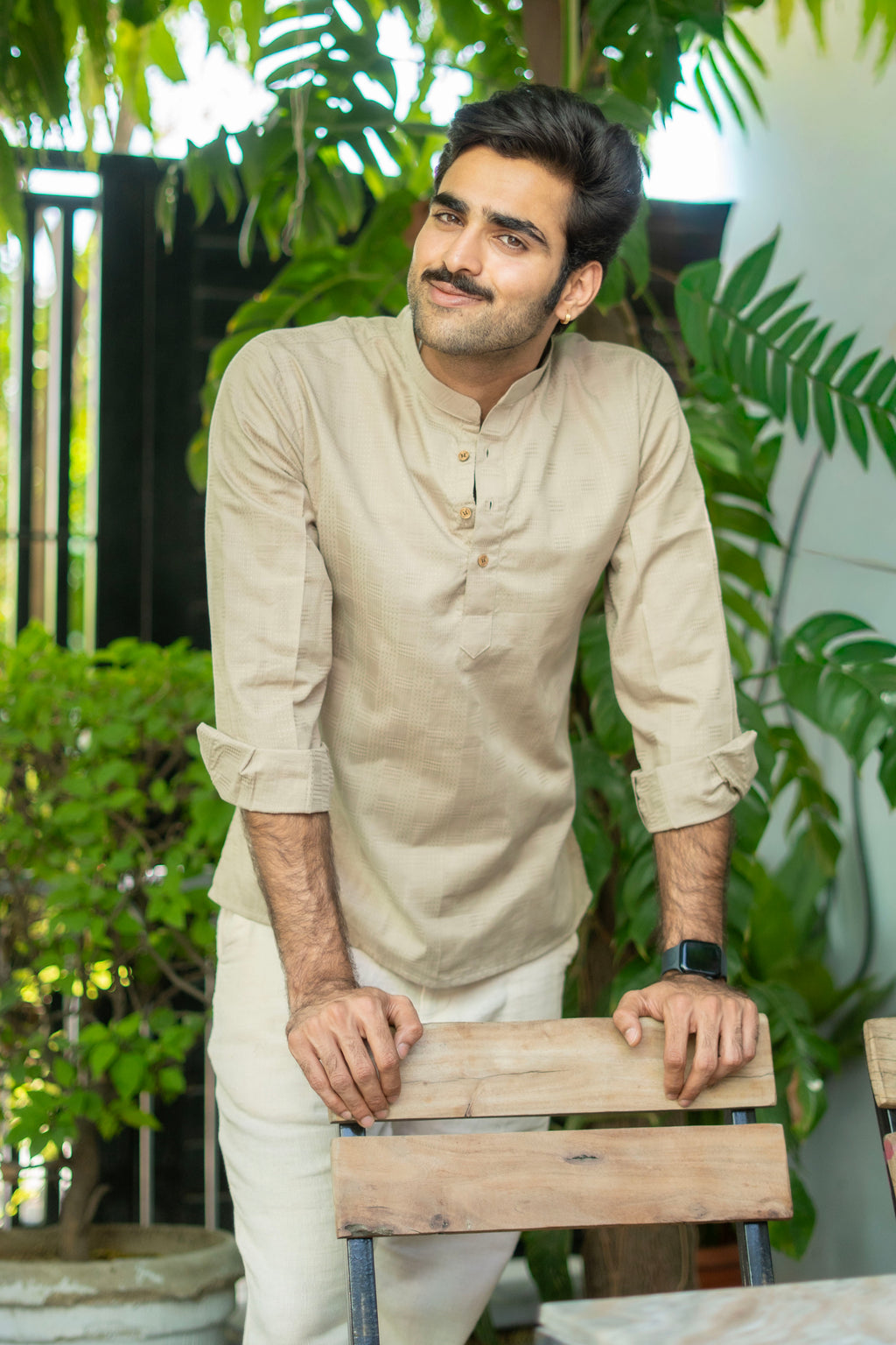 The Earth Sand Short Kurta with Self Work