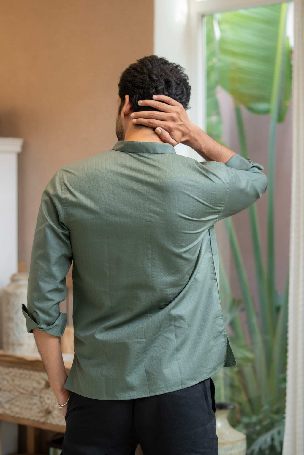 The Muted Olive Short Kurta with Striped Weave Texture