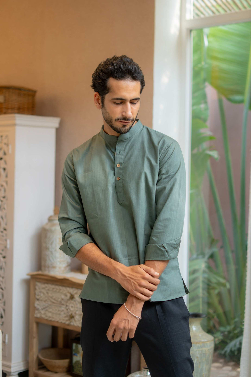 The Muted Olive Short Kurta with Striped Weave Texture