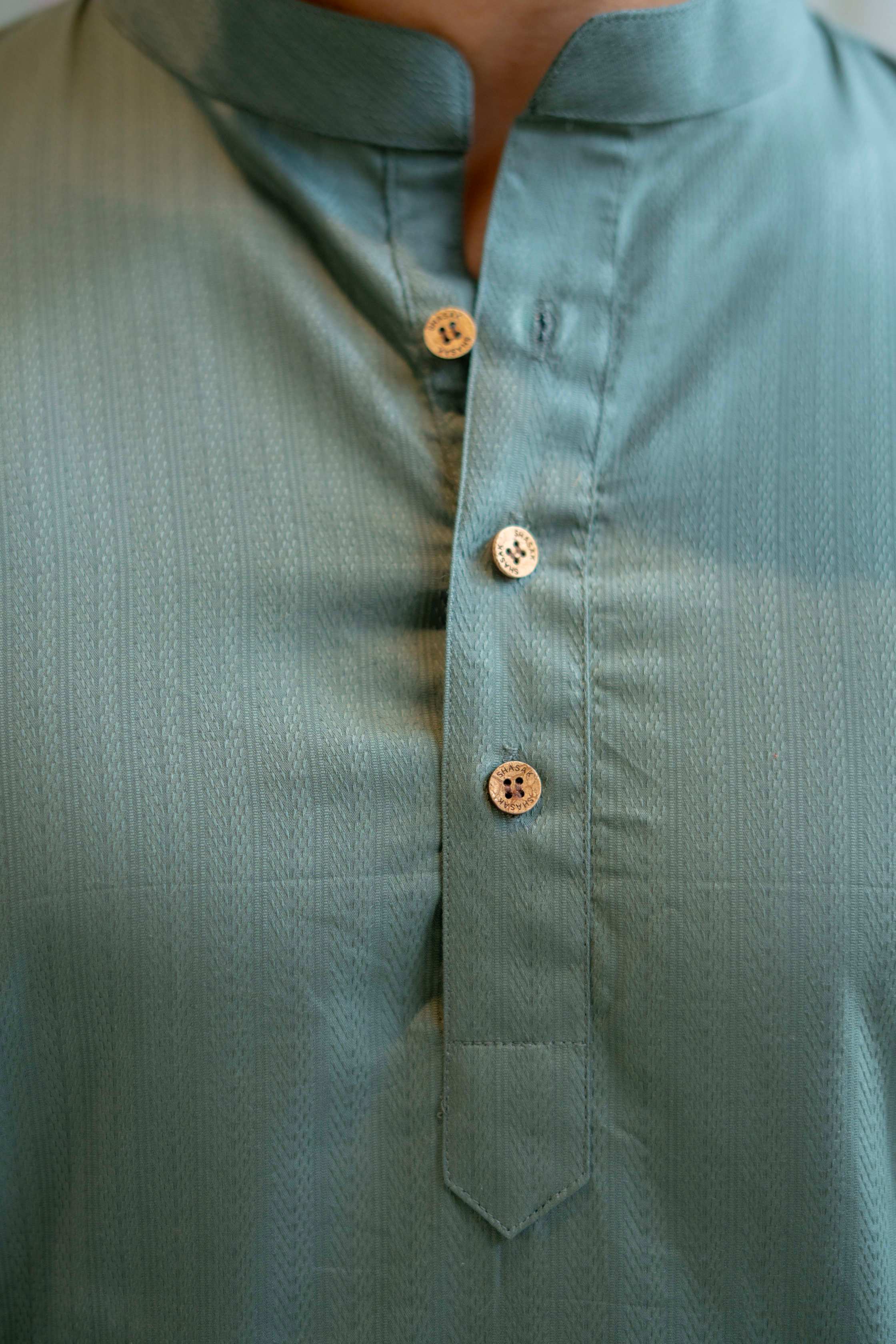 The Muted Olive Short Kurta with Striped Weave Texture