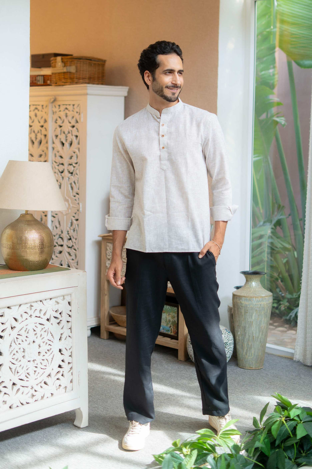 The Off White Yarn Dyed Short Kurta with Beige Weave Design