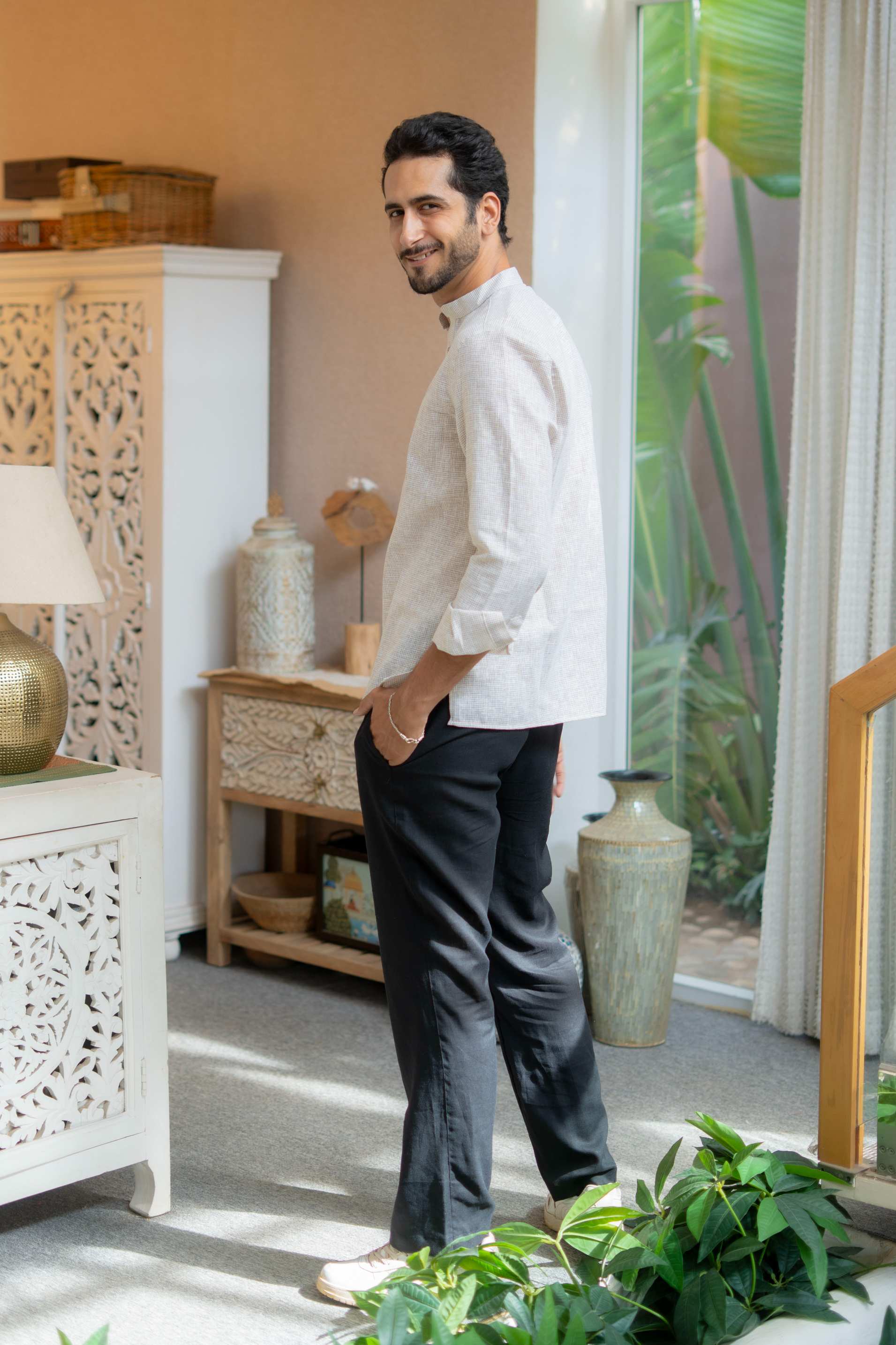 The Off White Yarn Dyed Short Kurta with Beige Weave Design