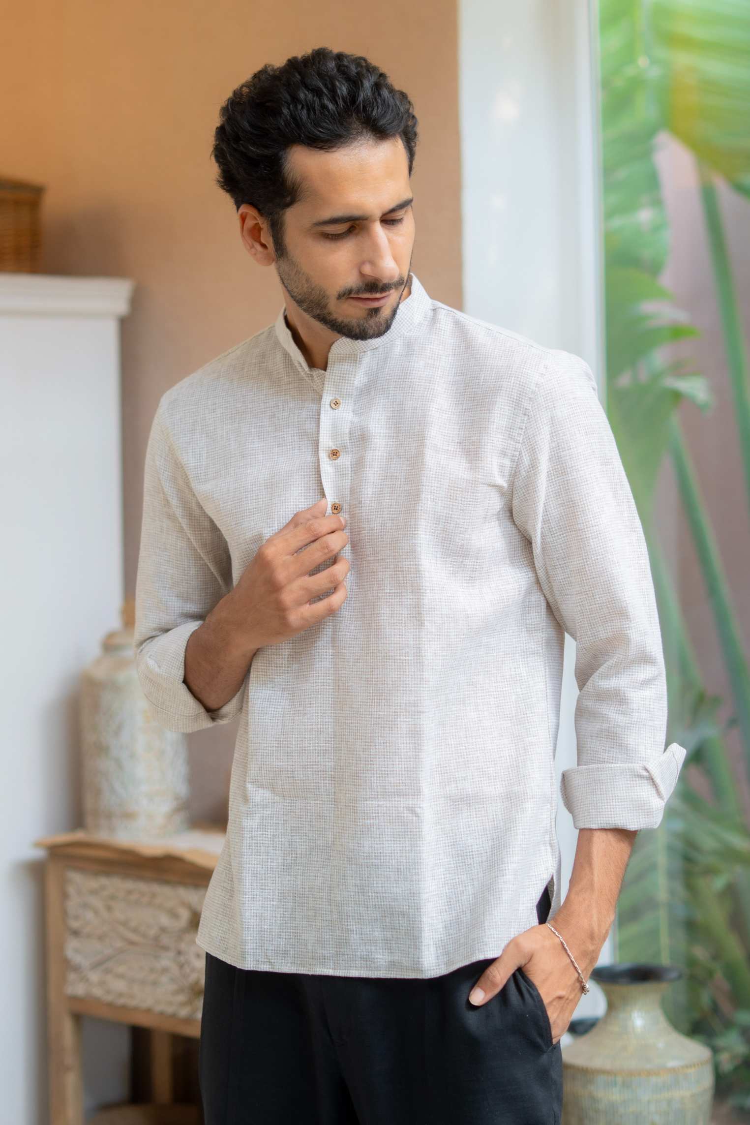 The Off White Yarn Dyed Short Kurta with Beige Weave Design