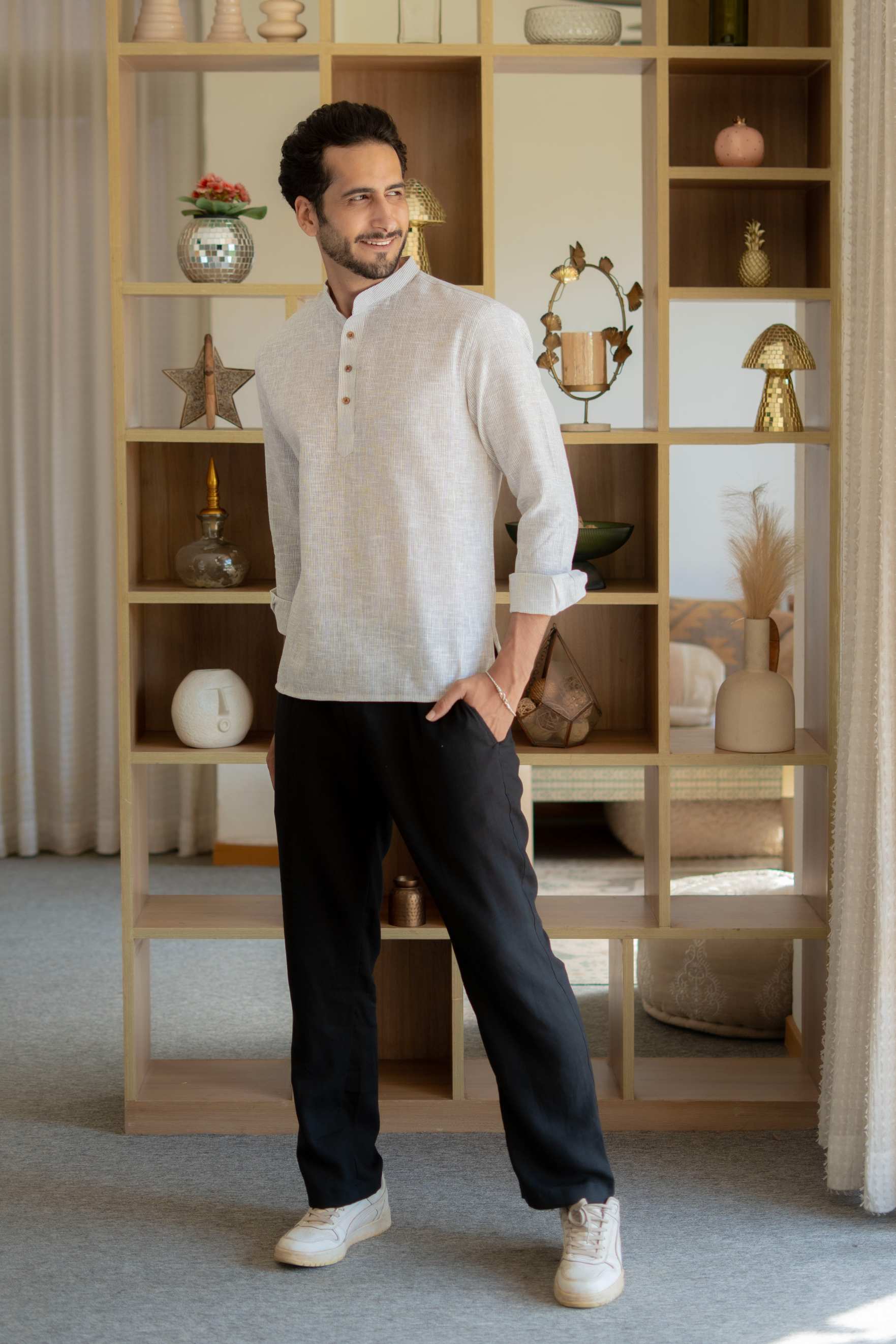 The Off White Yard Dyed Short Kurta with Olive Weave Design