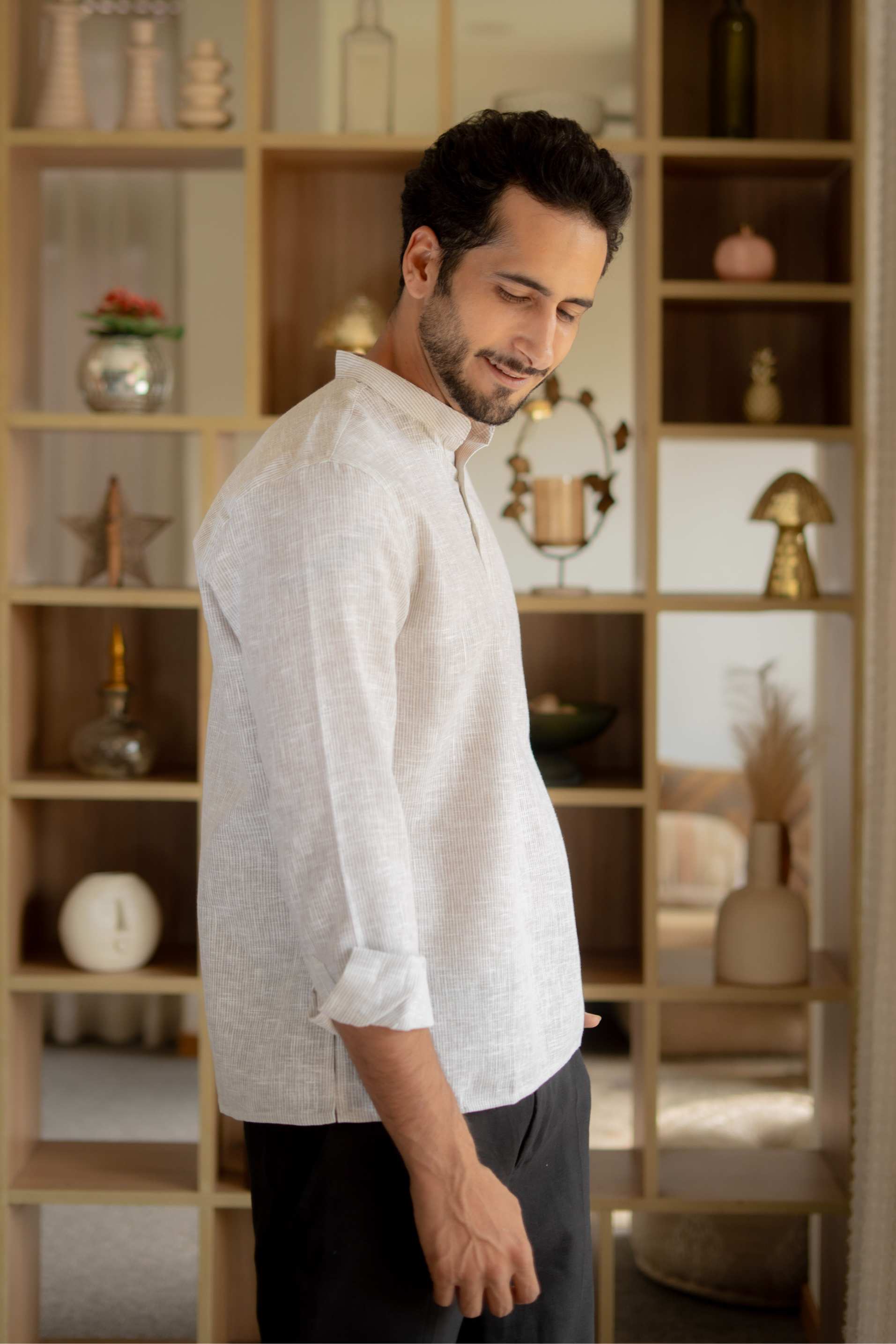The Off White Yard Dyed Short Kurta with Olive Weave Design