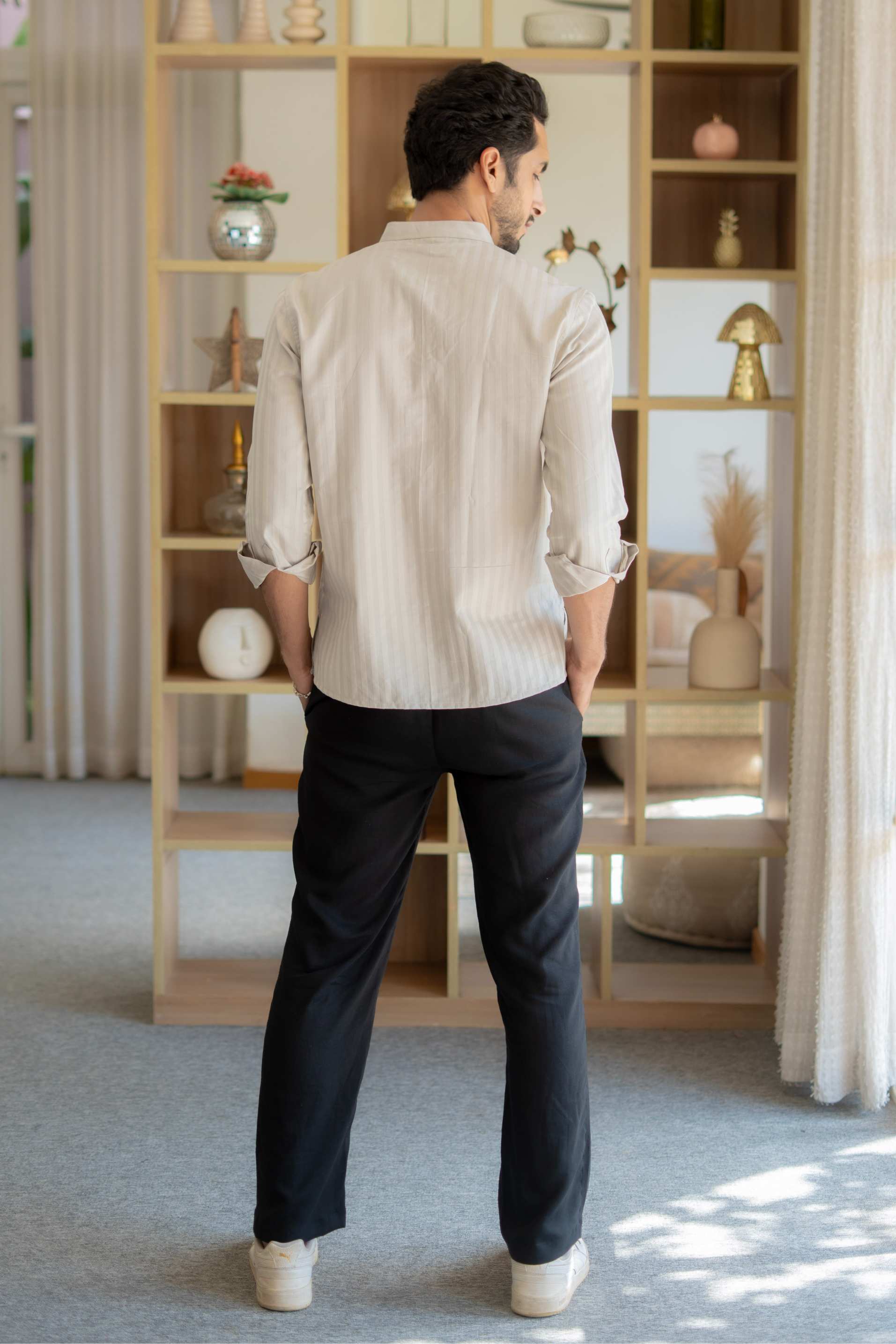 The Stone Grey Short Kurta with with Self Stripe Work