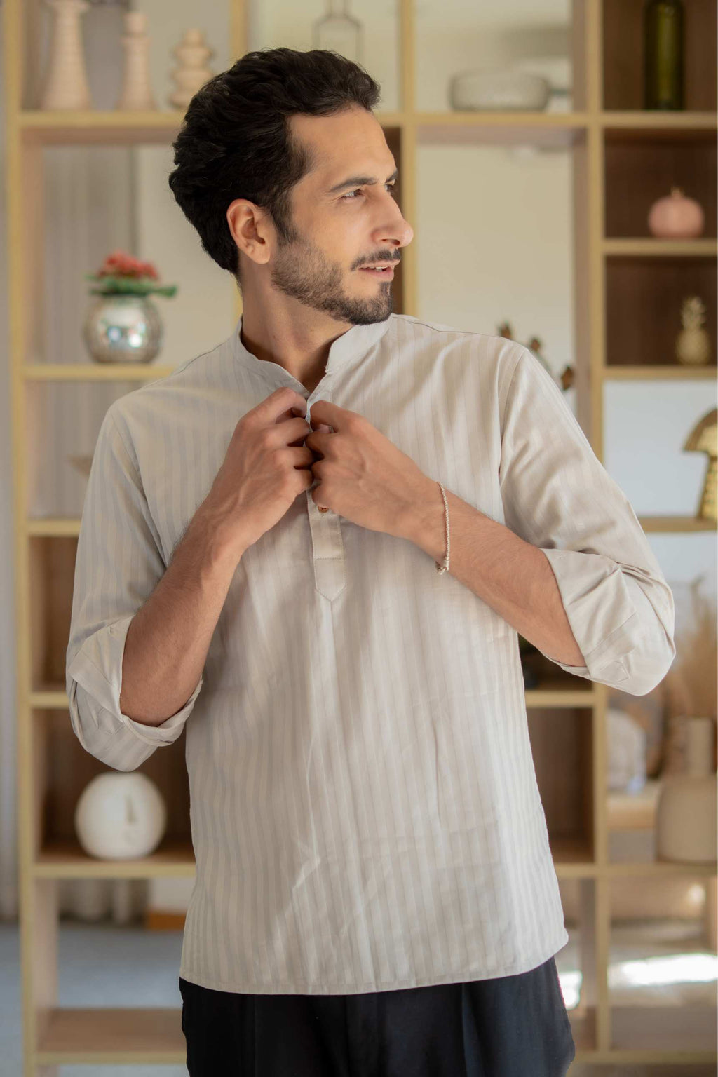 The Stone Grey Short Kurta with with Self Stripe Work