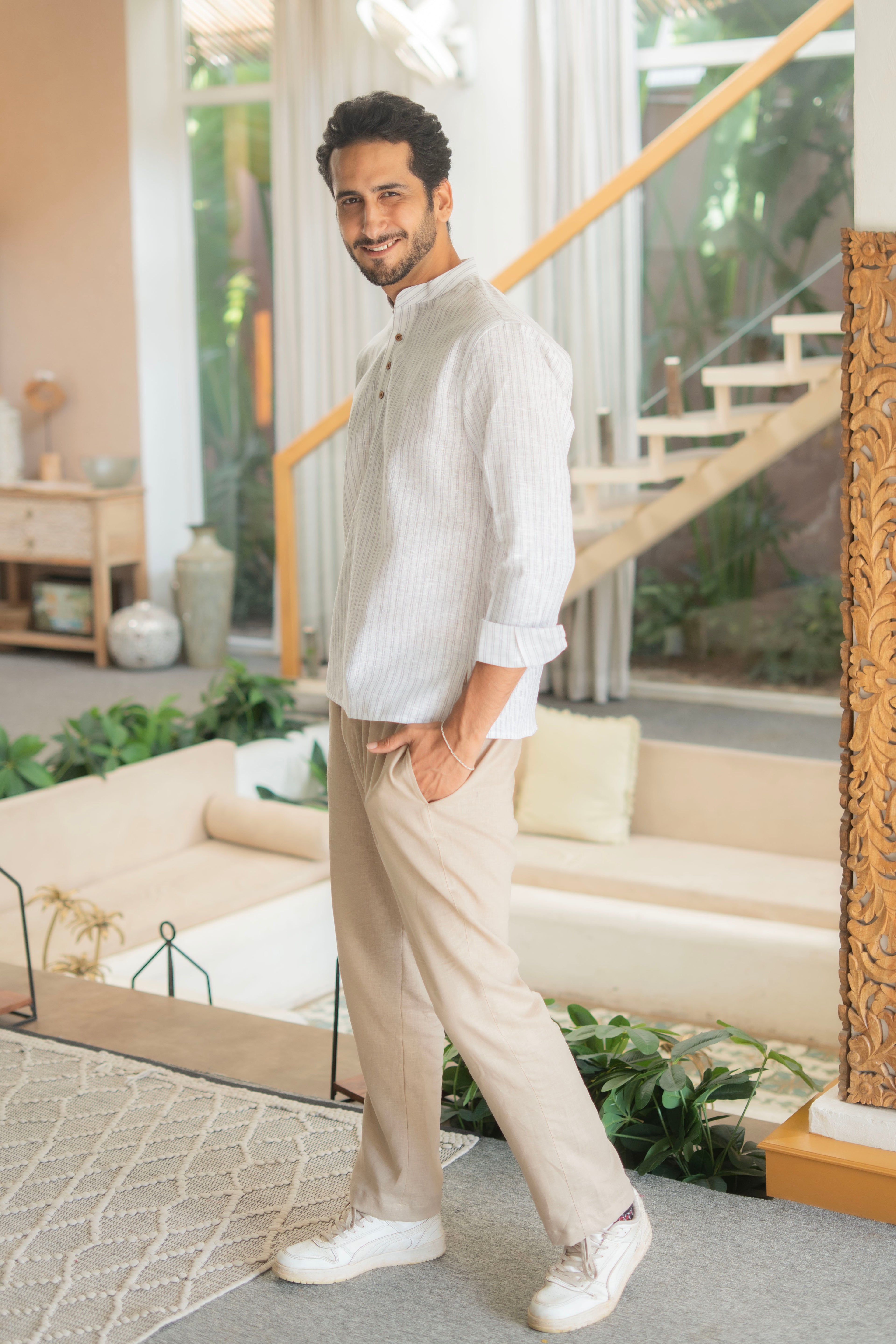 The Off White Yarn Dyed Short Kurta with Blue Stripes