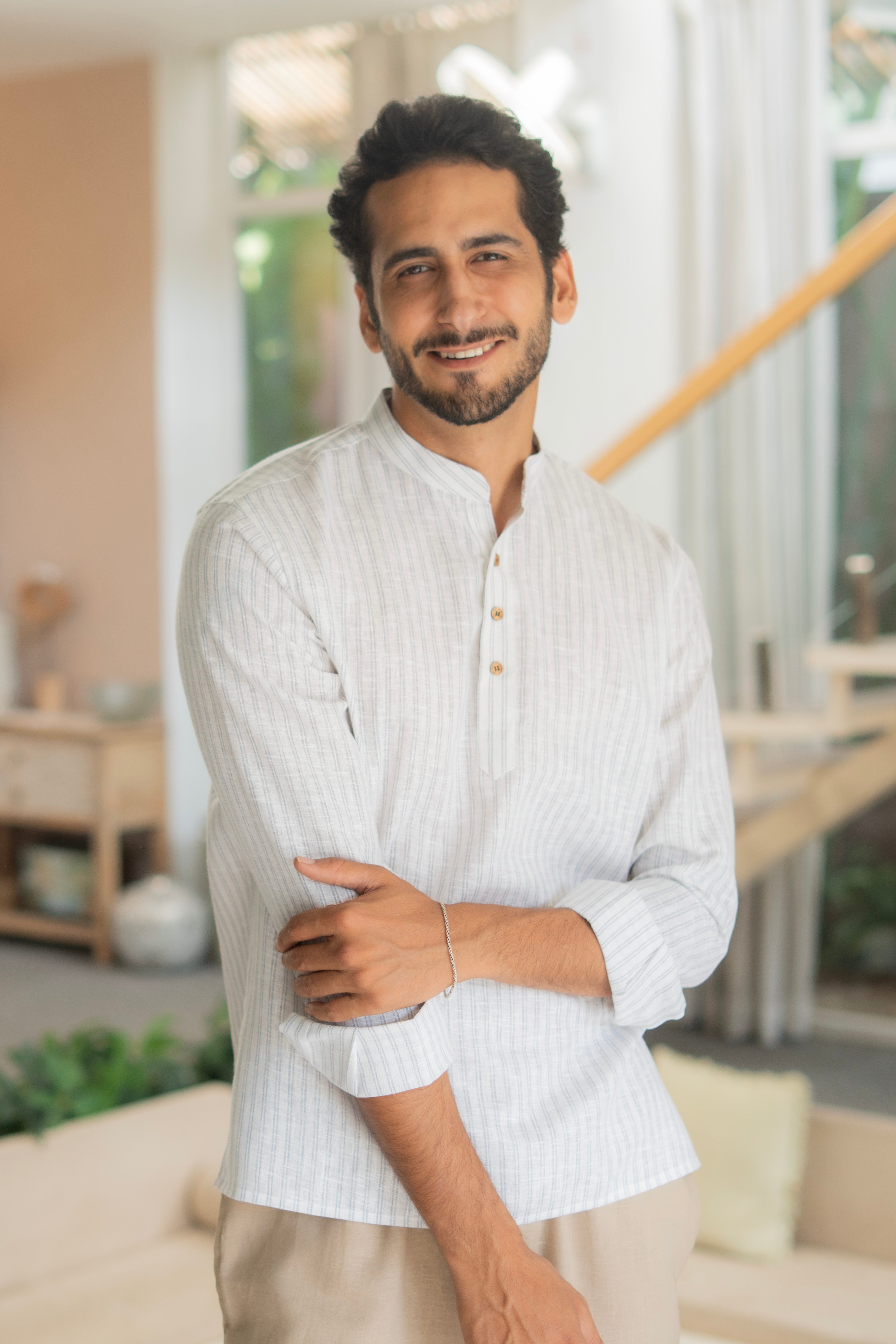The Off White Yarn Dyed Short Kurta with Blue Stripes