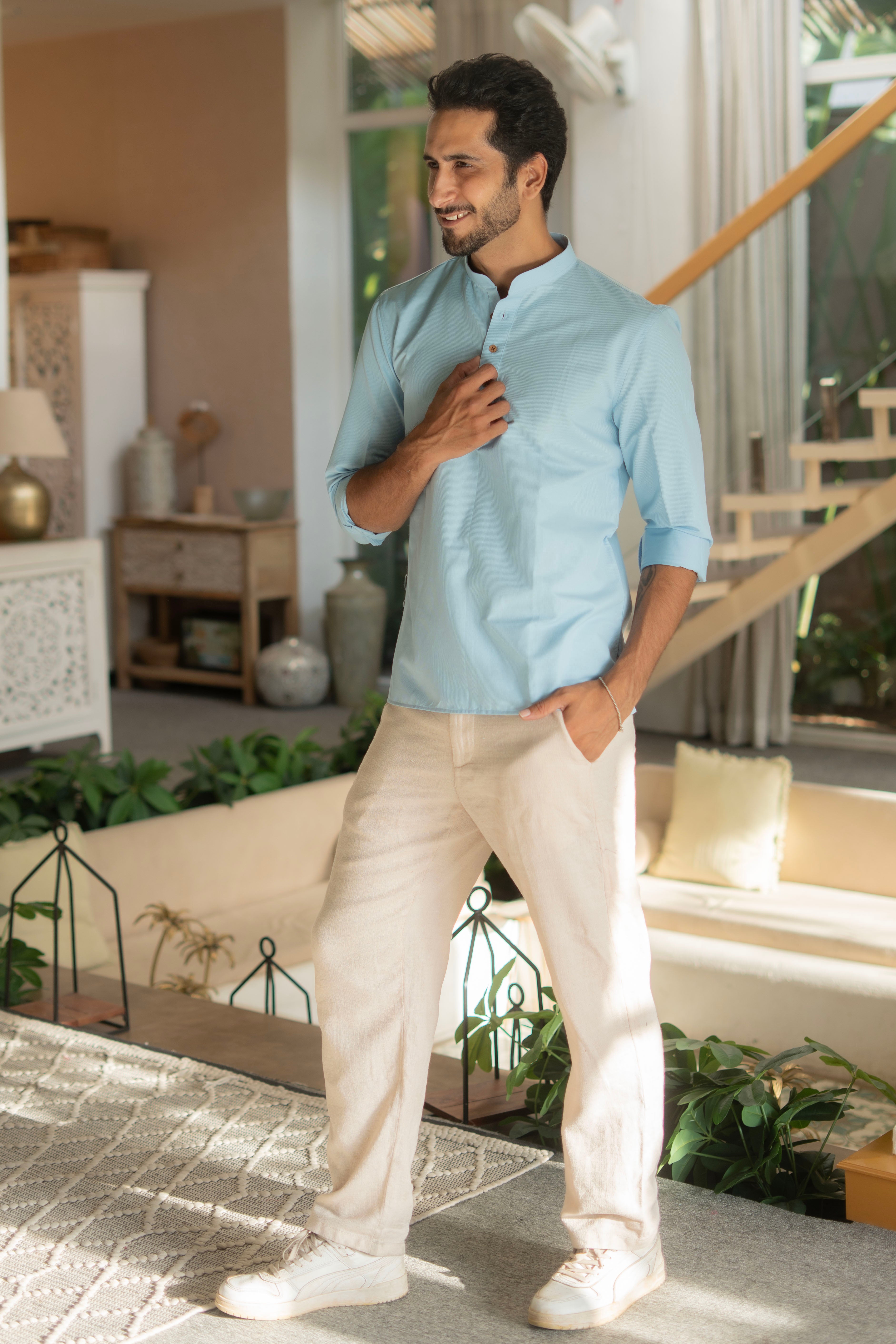 The Powder Blue Striped Stretchable Short Kurta