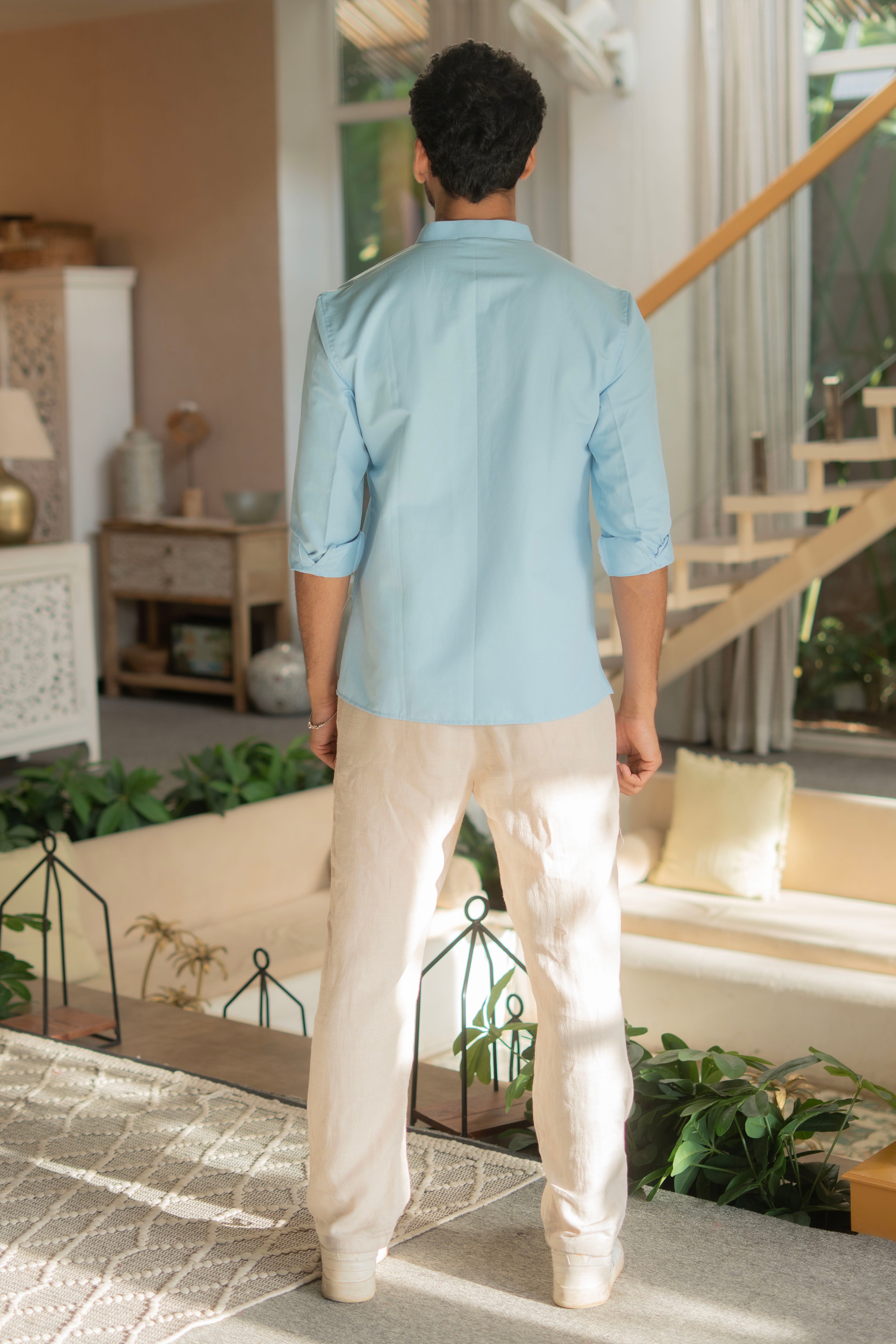 The Powder Blue Striped Stretchable Short Kurta