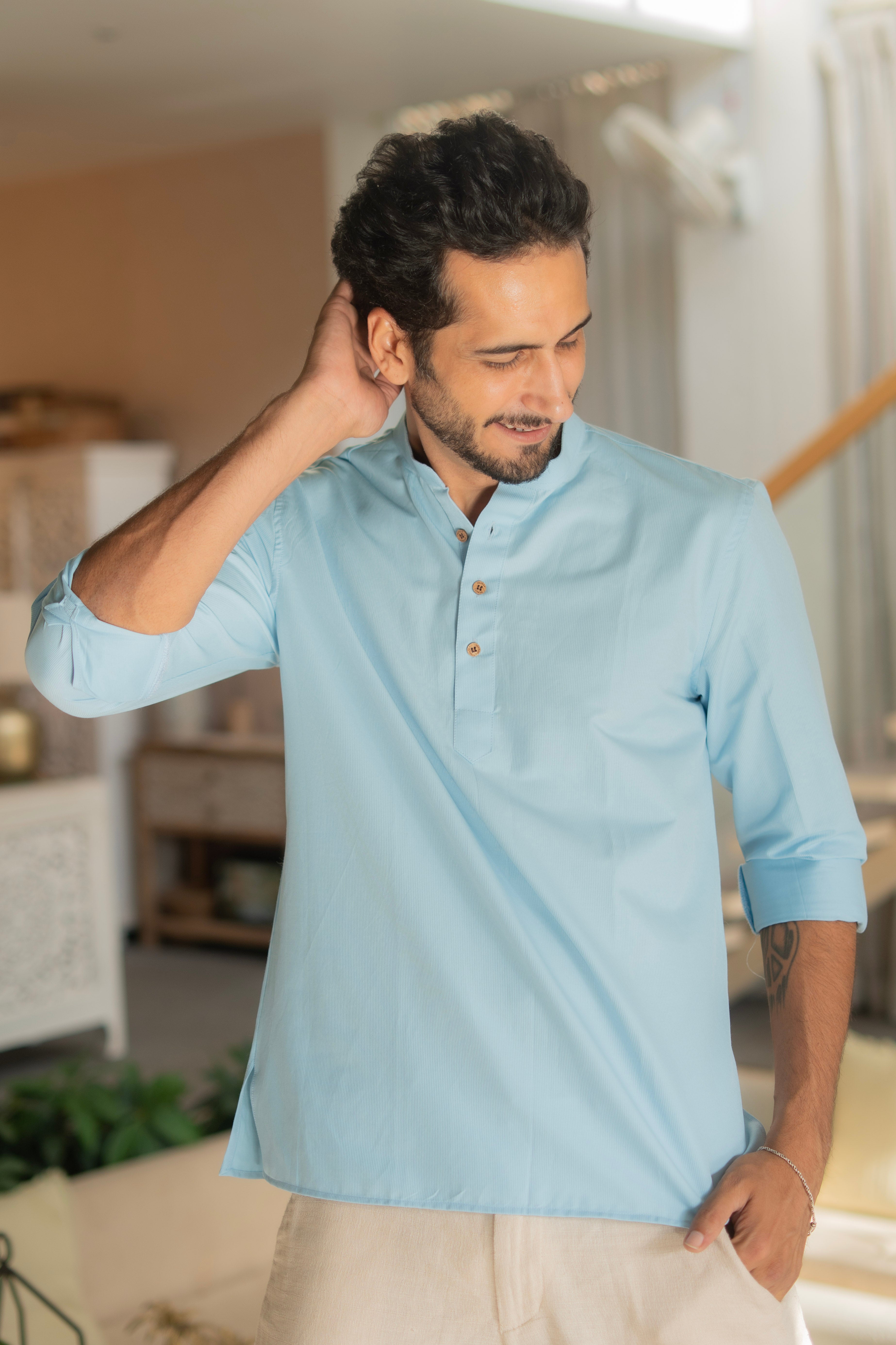 The Powder Blue Striped Stretchable Short Kurta
