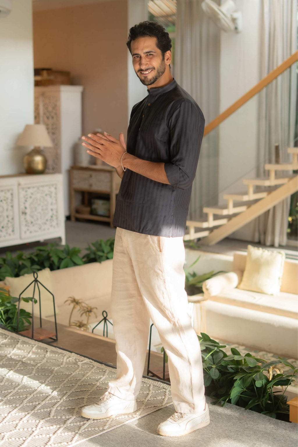 The Charcoal Short Kurta with Self Stripe Work