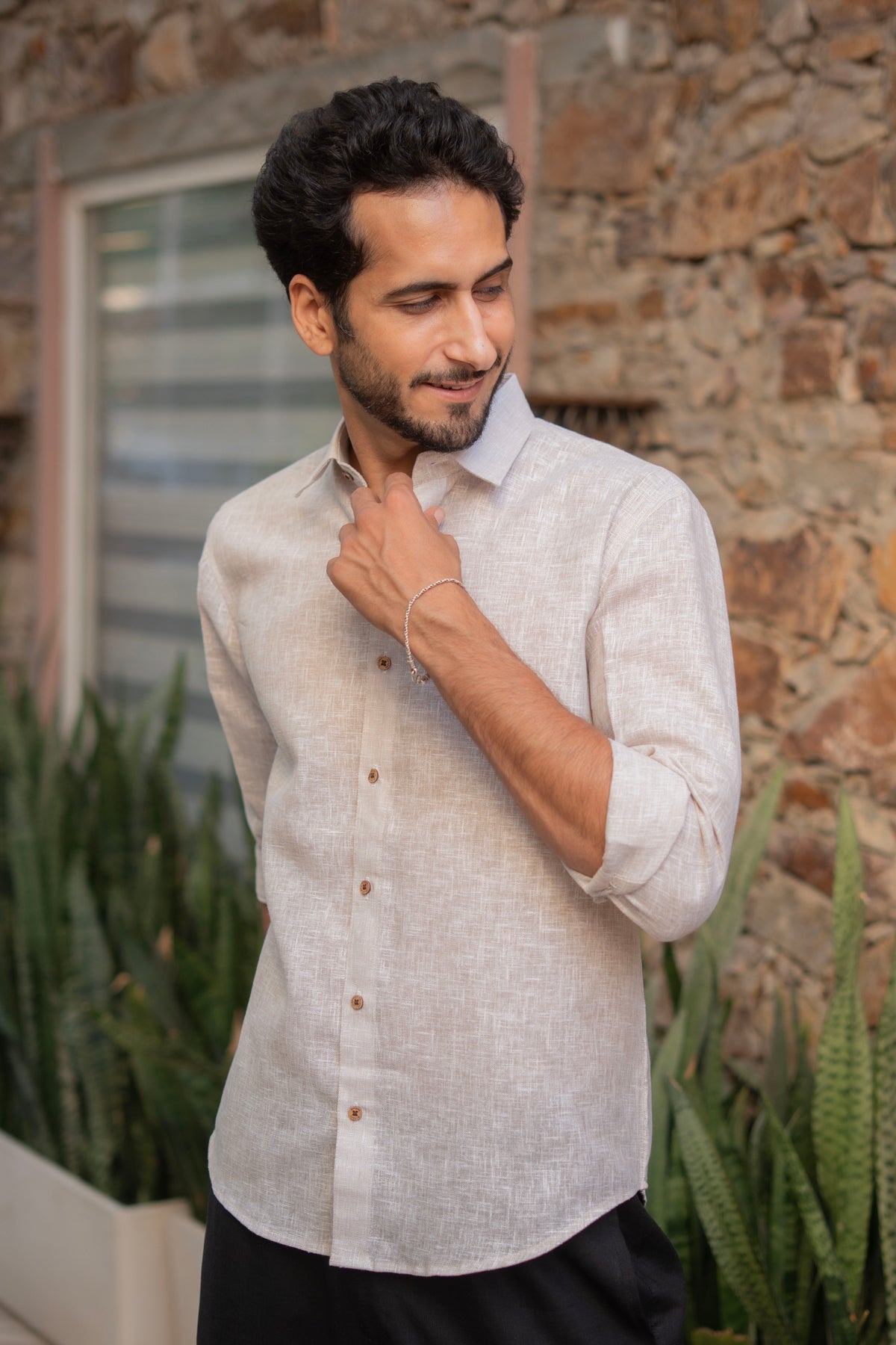 The Solid Beige Yarn Dyed Full Sleeves Shirt