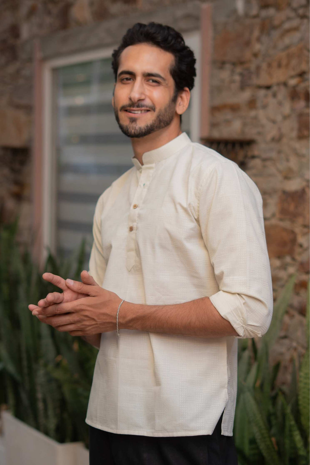 The Cream Short Kurta with Self Work