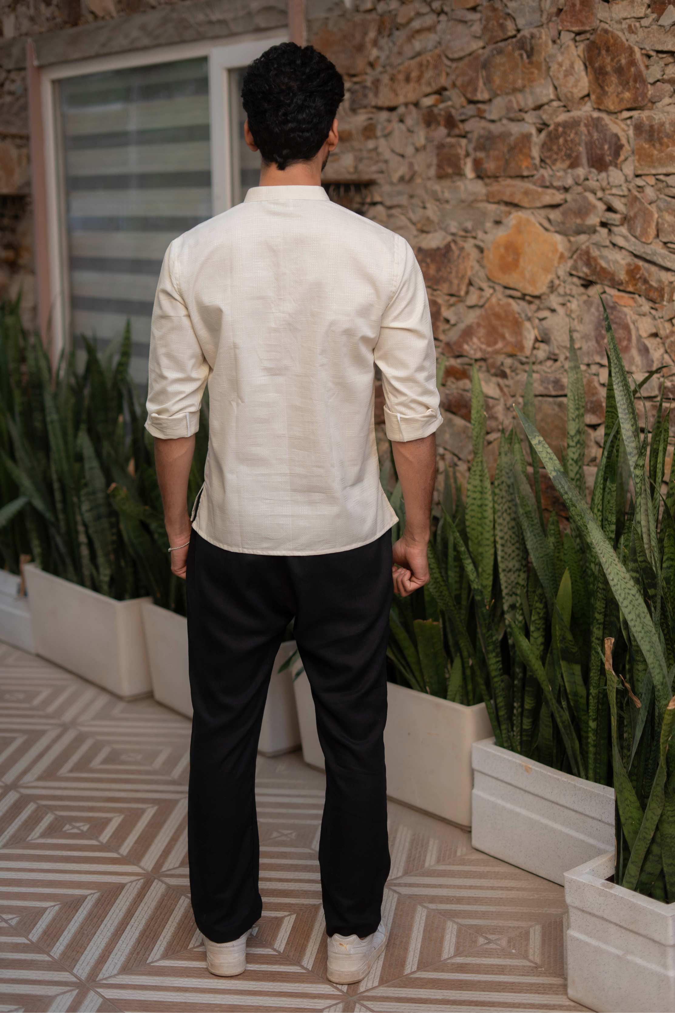 The Cream Short Kurta with Self Work