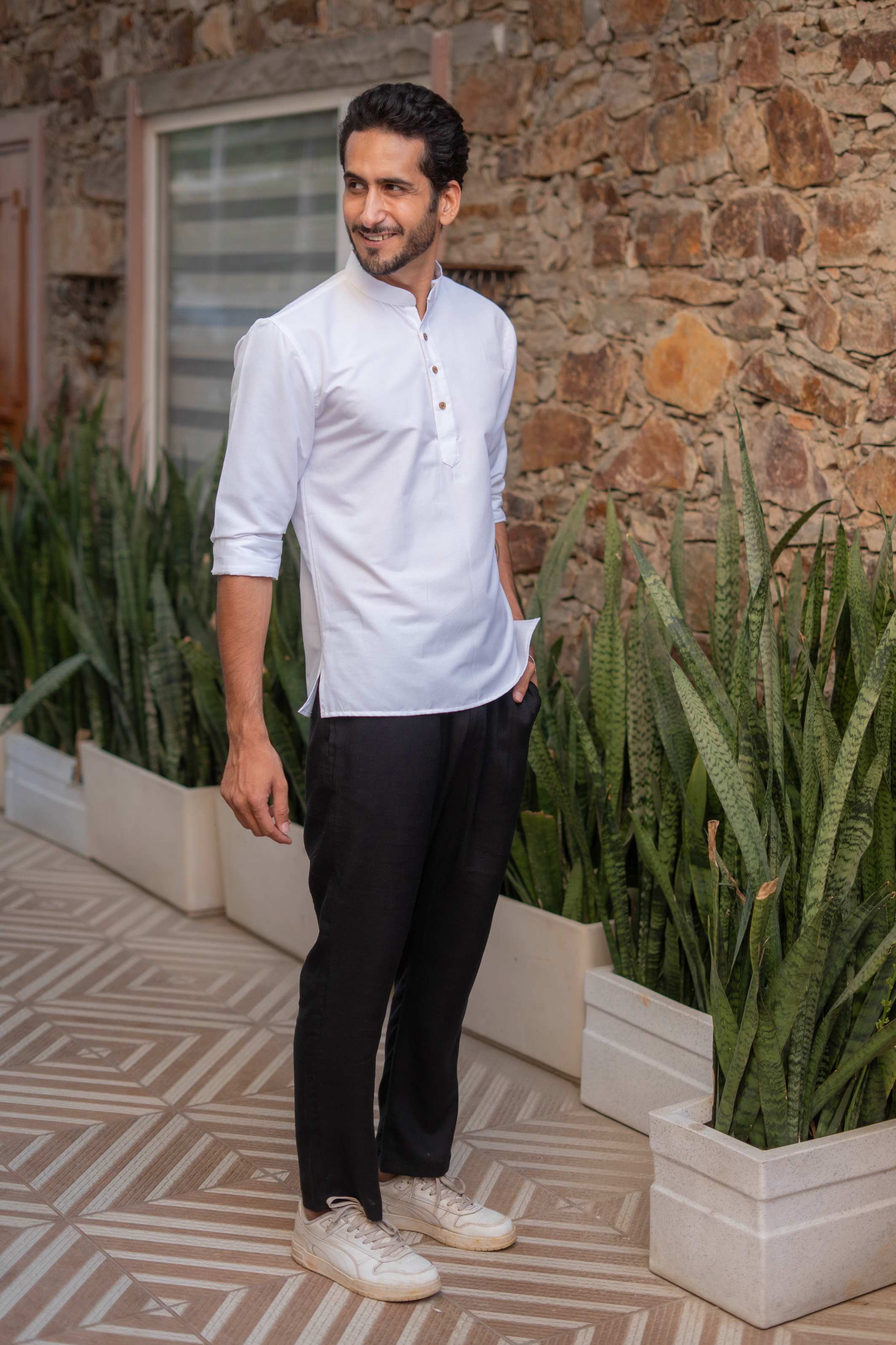 The White Striped Stretchable Short Kurta
