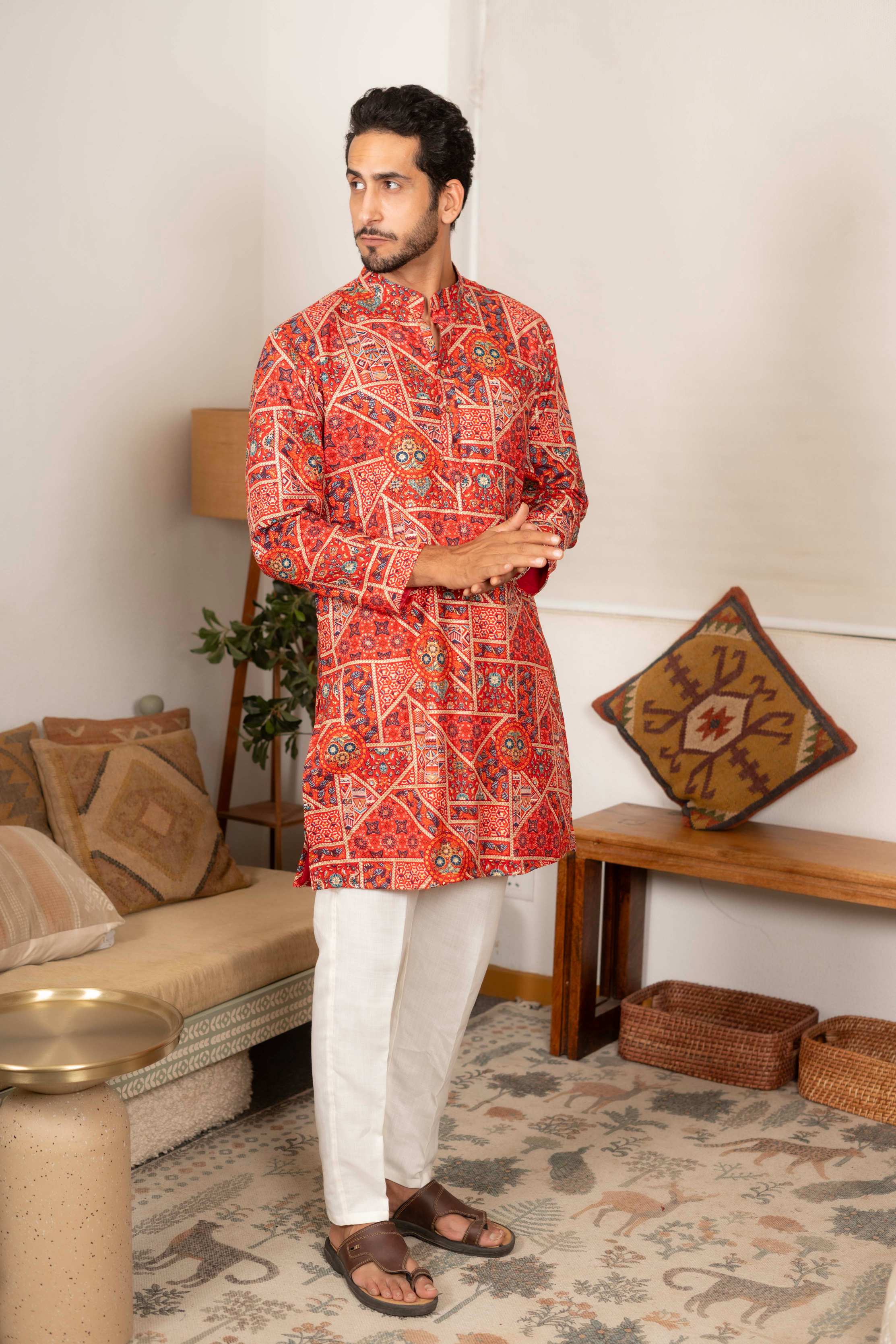 The Rich Red Artisan Patchwork Foil Print Long Kurta