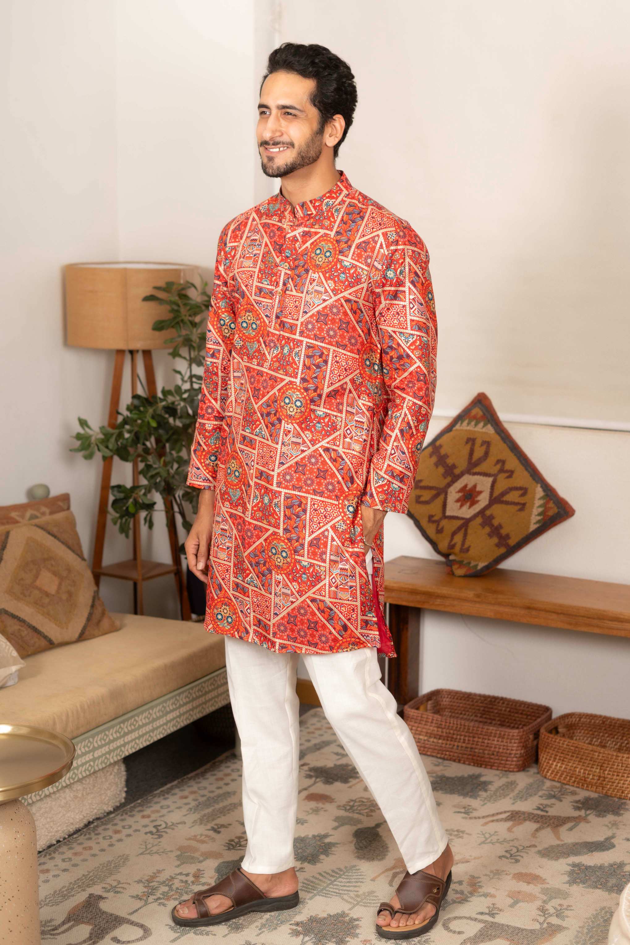 The Rich Red Artisan Patchwork Foil Print Long Kurta