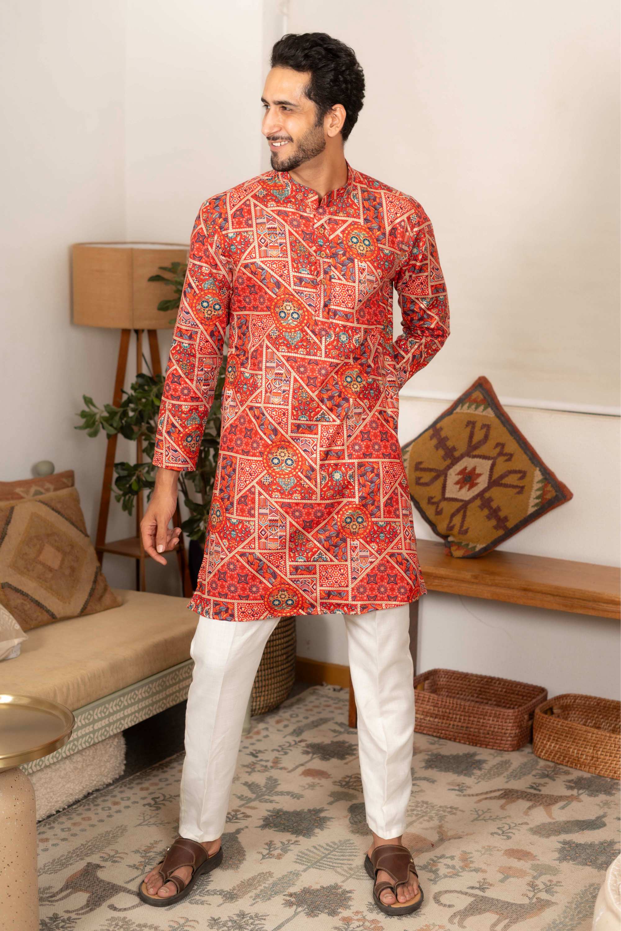 The Rich Red Artisan Patchwork Foil Print Long Kurta