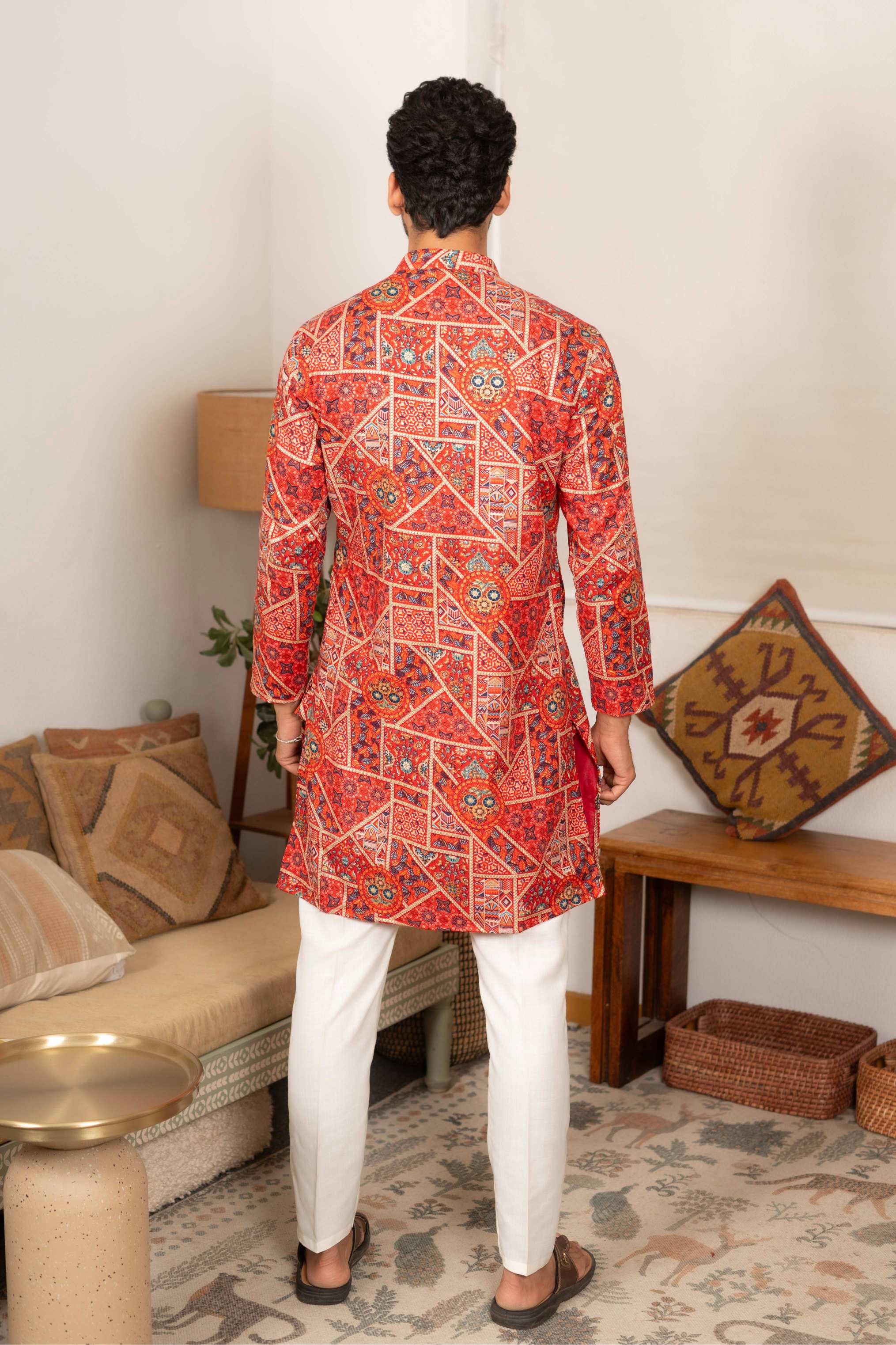 The Rich Red Artisan Patchwork Foil Print Long Kurta