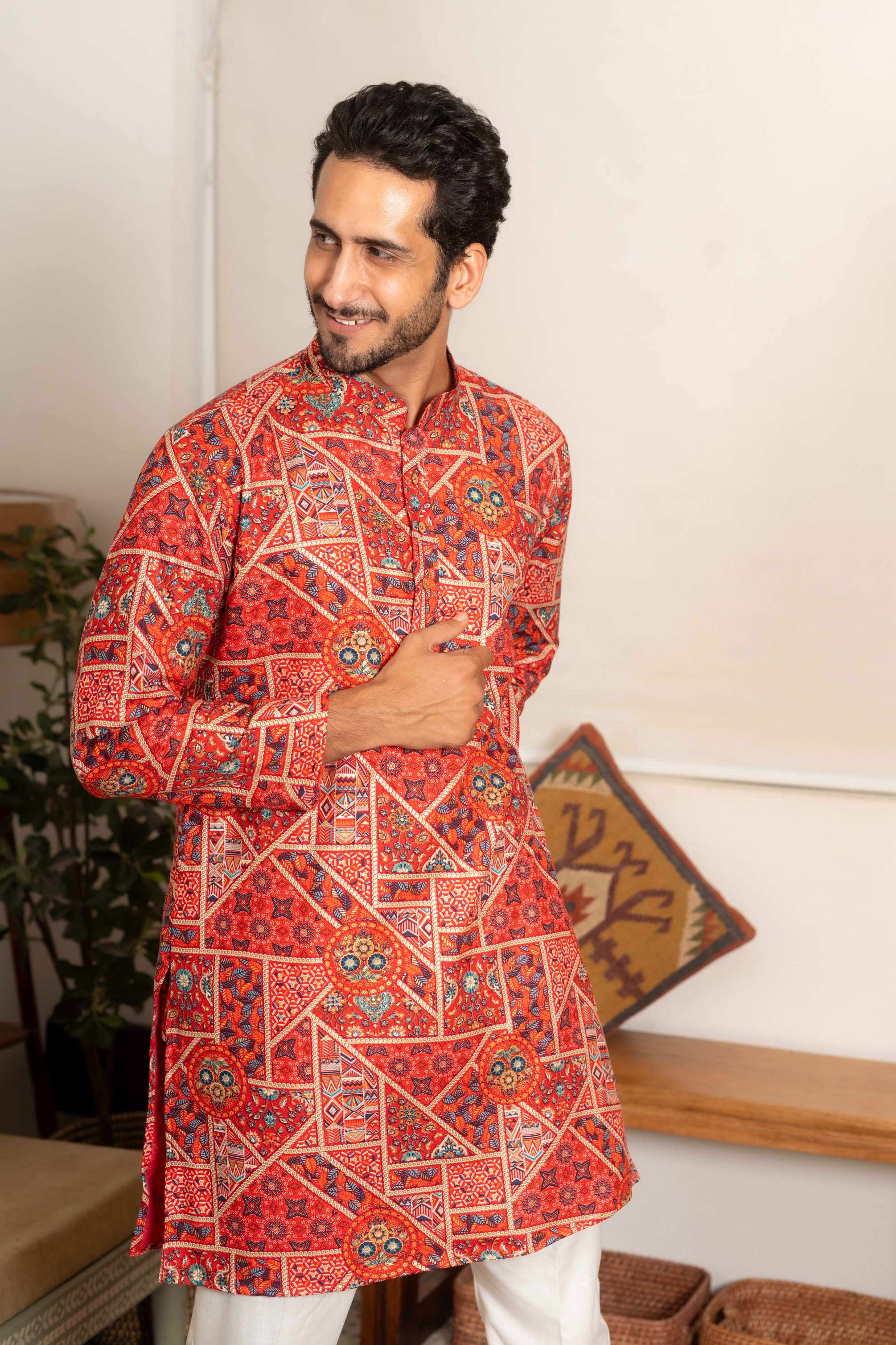 The Rich Red Artisan Patchwork Foil Print Long Kurta