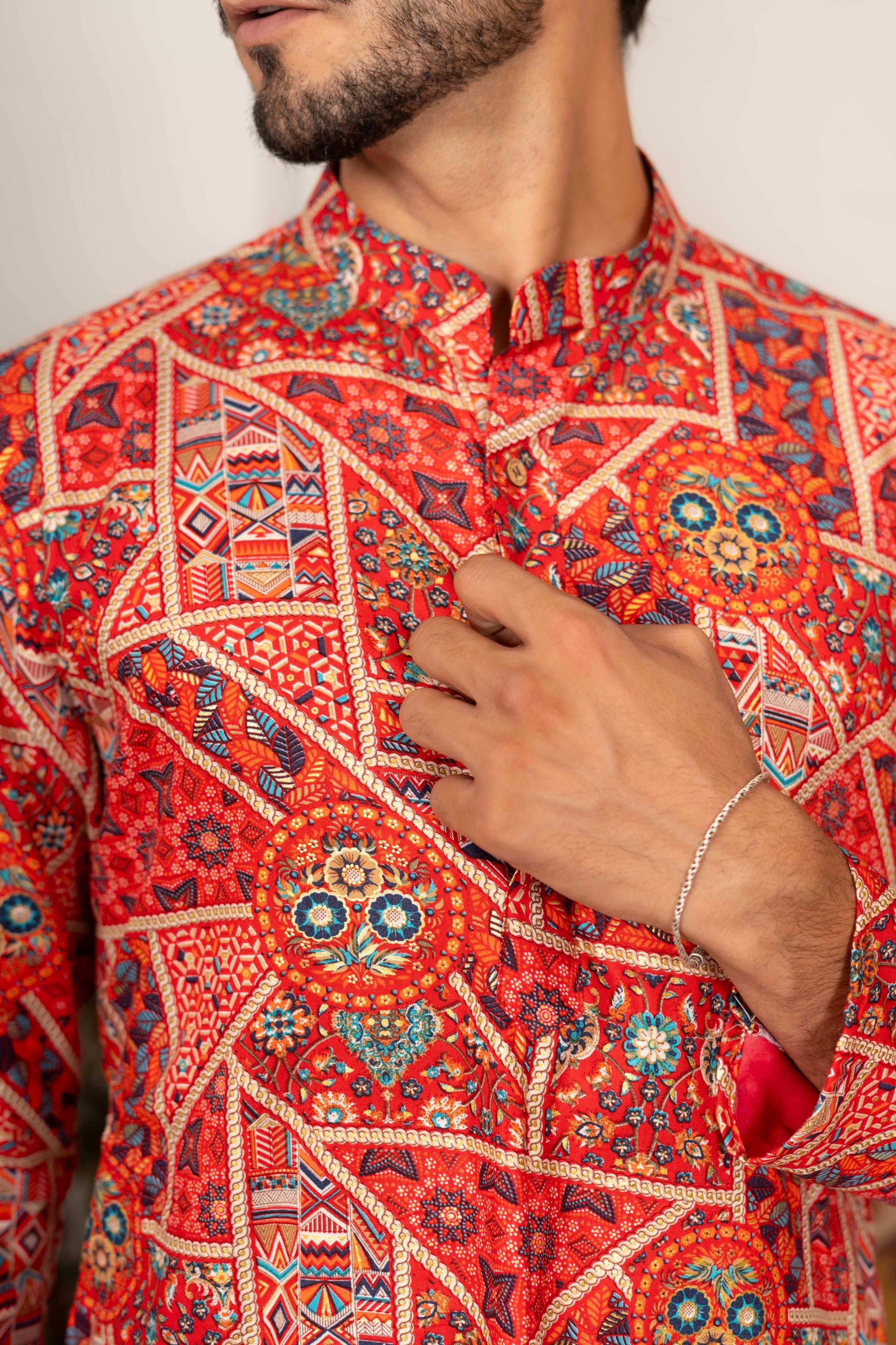 The Rich Red Artisan Patchwork Foil Print Long Kurta