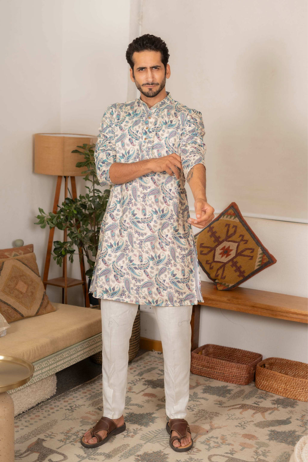 The Off White Long Kurta With Blue Paisley Botanical Foil Print