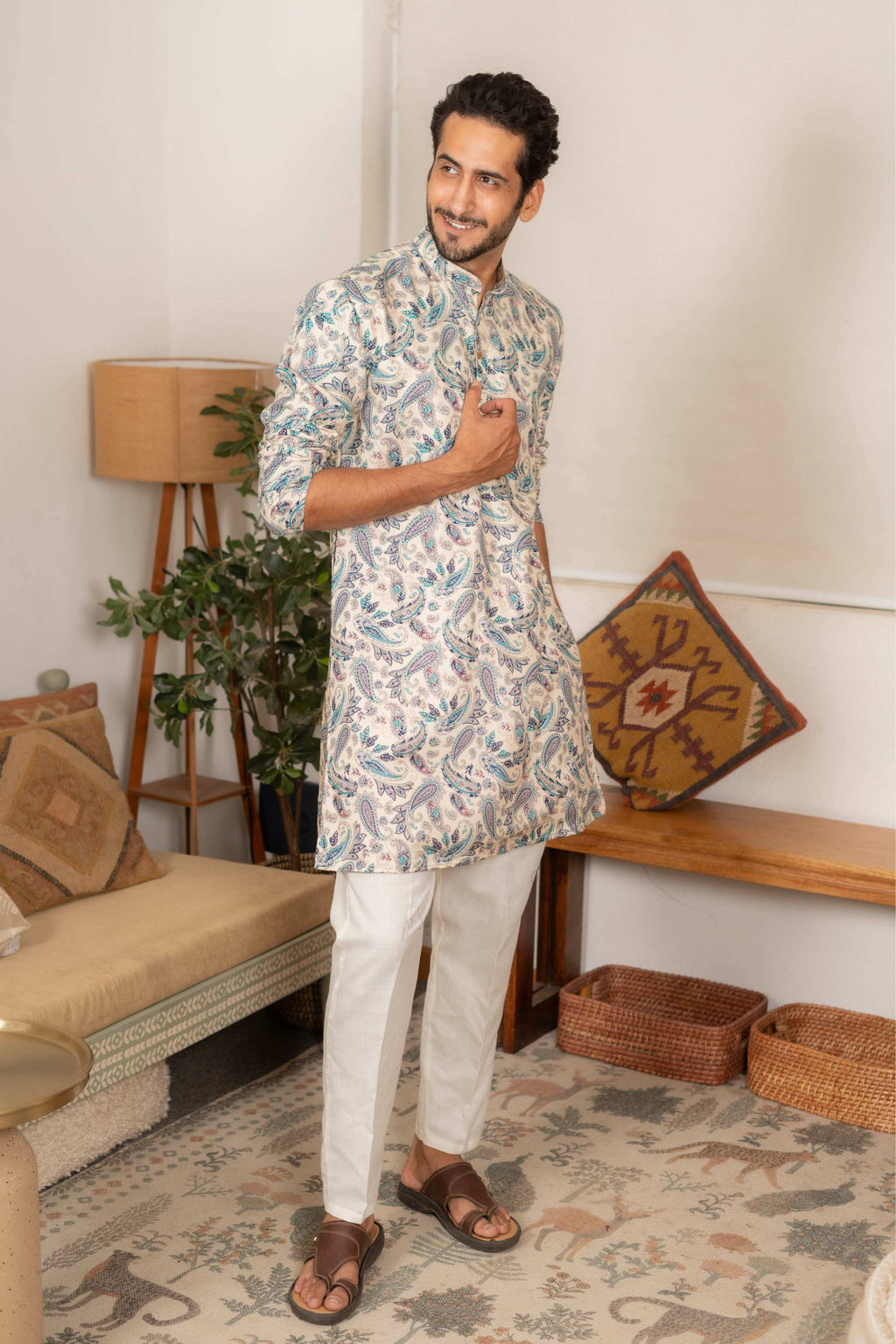 The Off White Long Kurta With Blue Paisley Botanical Foil Print