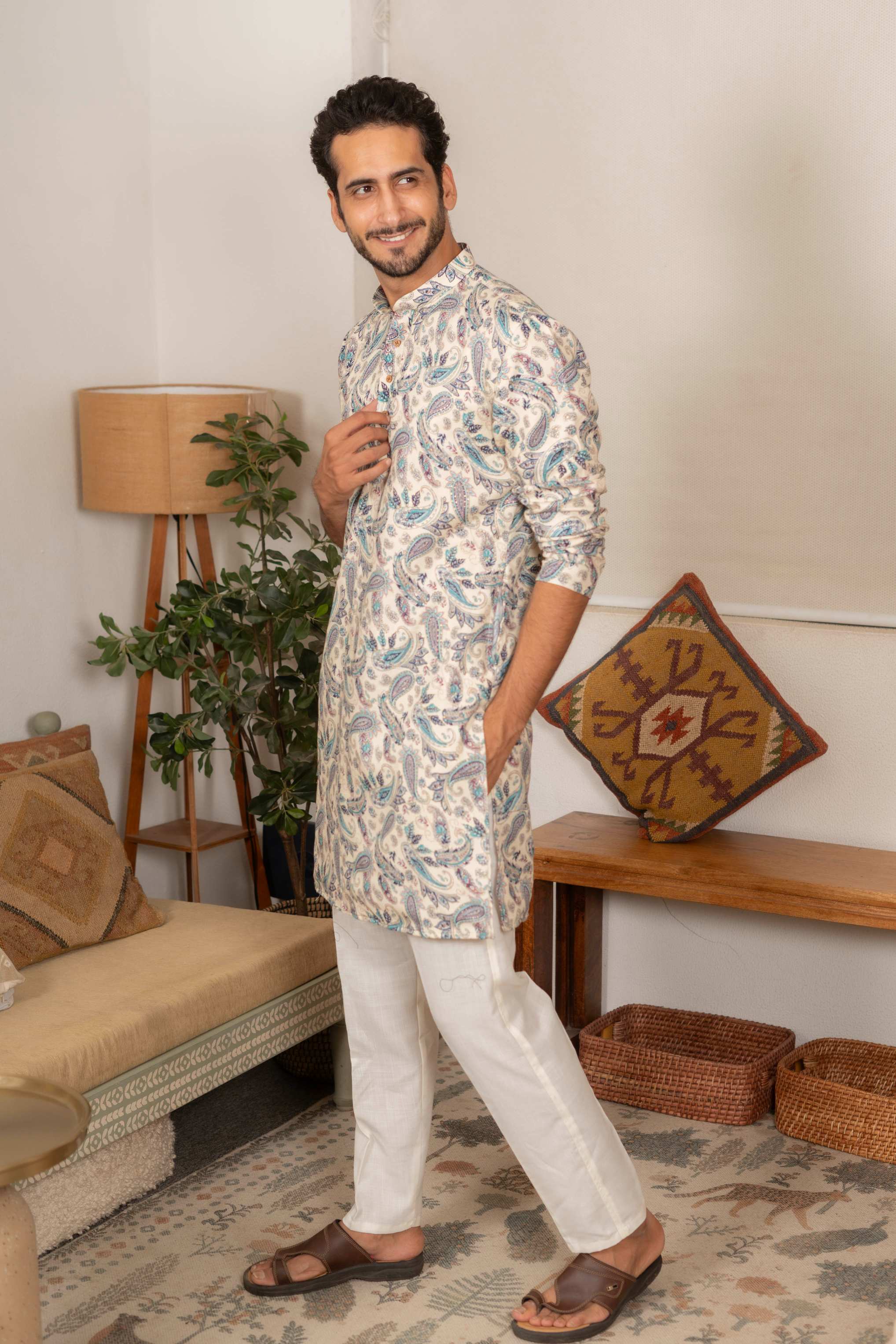 The Off White Long Kurta With Blue Paisley Botanical Foil Print