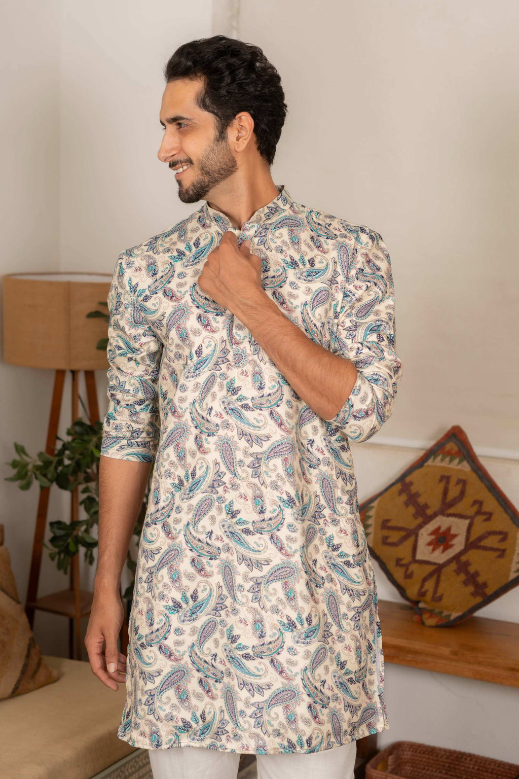 The Off White Long Kurta With Blue Paisley Botanical Foil Print