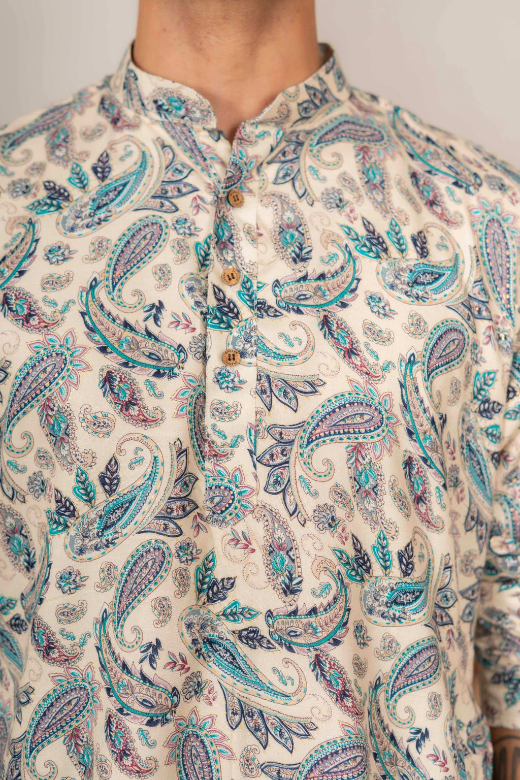 The Off White Long Kurta With Blue Paisley Botanical Foil Print