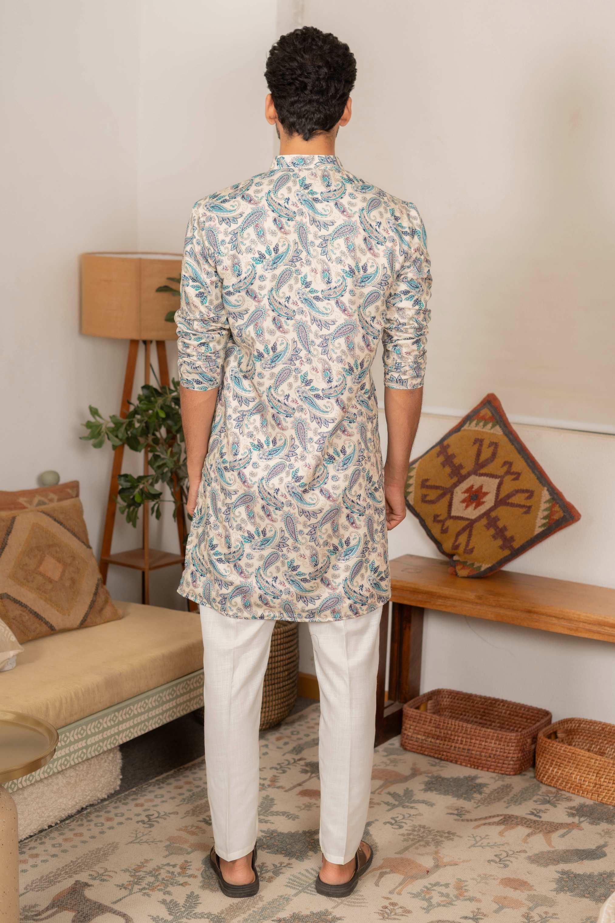 The Off White Long Kurta With Blue Paisley Botanical Foil Print