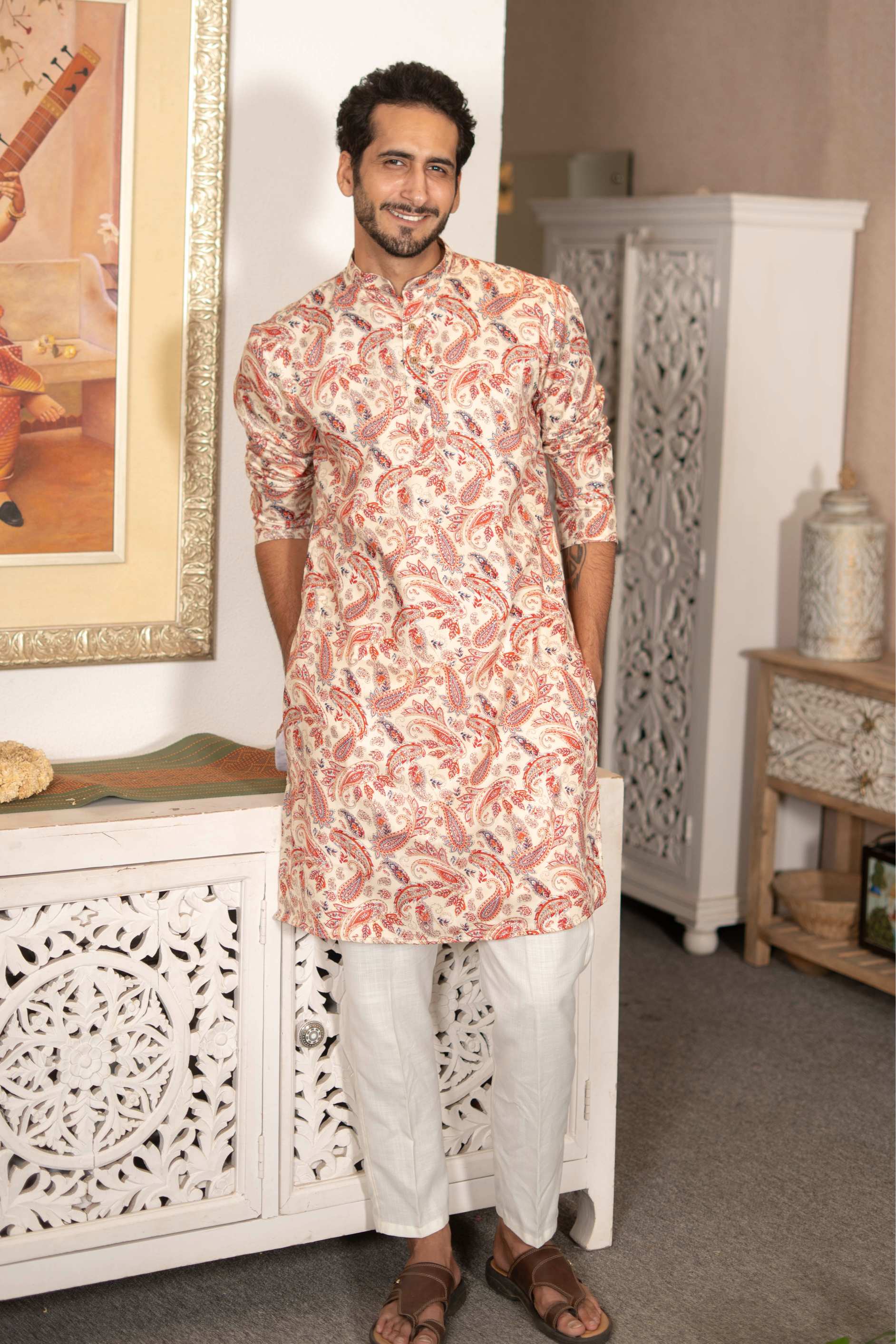 The Off White Long Kurta With Red Paisley Botanical Foil Print