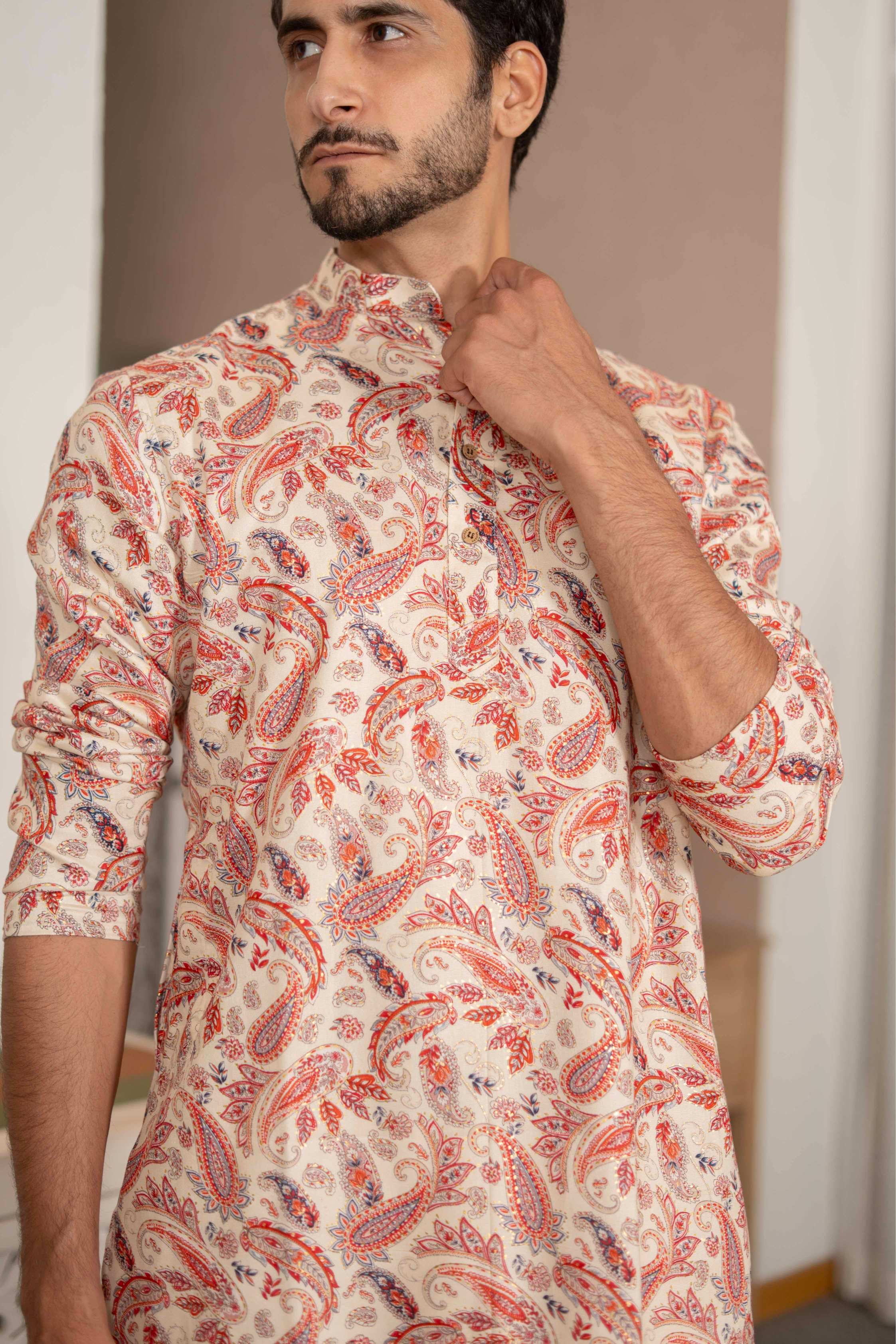 The Off White Long Kurta With Red Paisley Botanical Foil Print