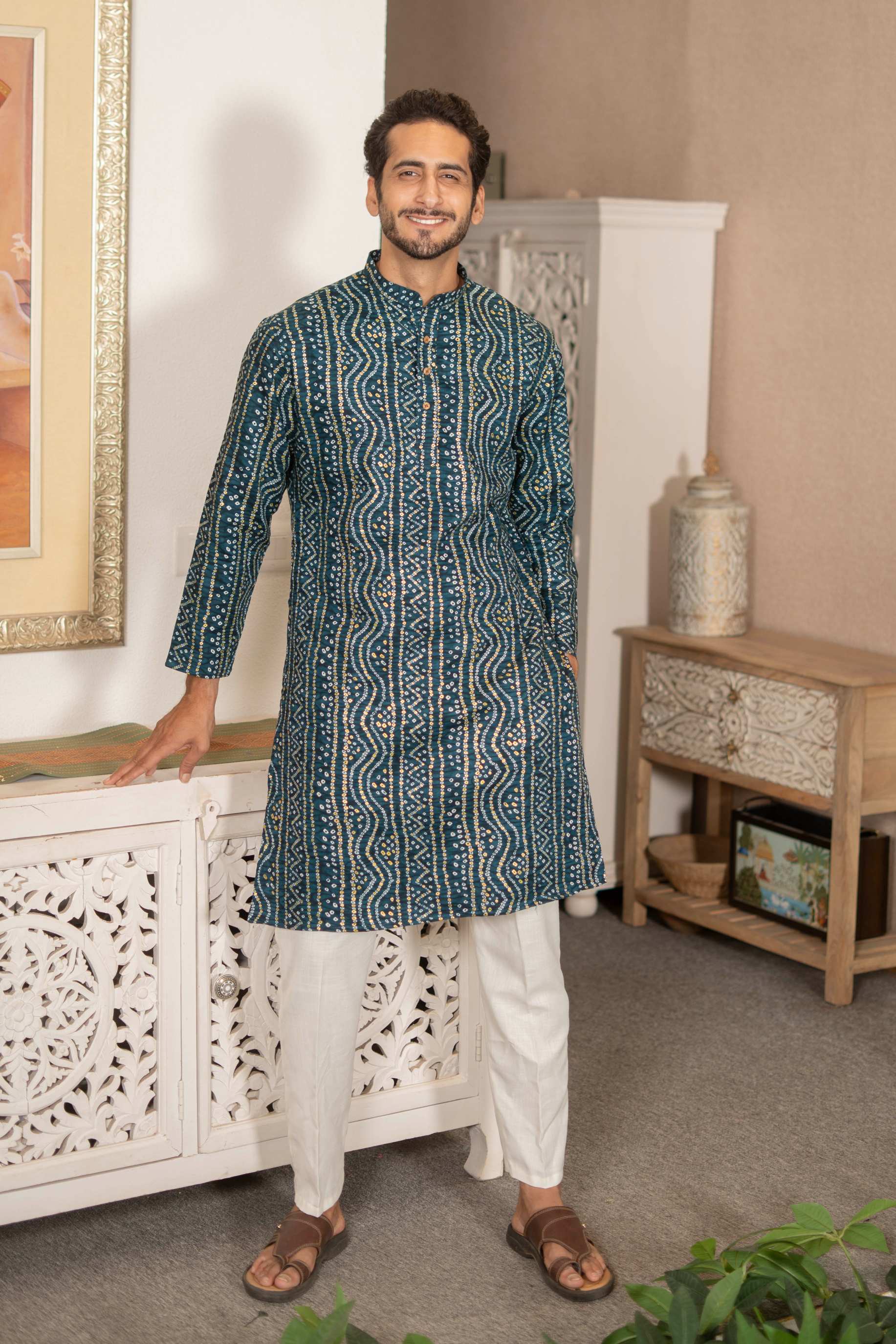 The Teal Blue Long Kurta With Bandhani Gold Foil Print